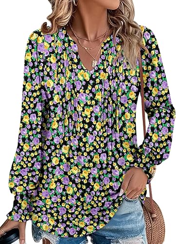 BETTE BOUTIK Long Sleeve Shirts for Women Fall Tops Dressy Blouses Pleated V Neck Tunic Tops for Leggings S-3XL