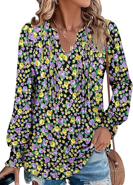 BETTE BOUTIK Long Sleeve Shirts for Women Fall Tops Dressy Blouses Pleated V Neck Tunic Tops for Leggings S-3XL