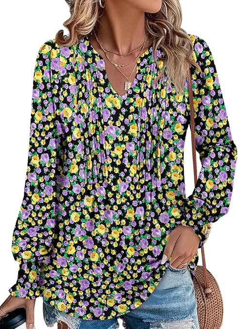 BETTE BOUTIK Long Sleeve Shirts for Women Fall Tops Dressy Blouses Pleated V Neck Tunic Tops for Leggings S-3XL