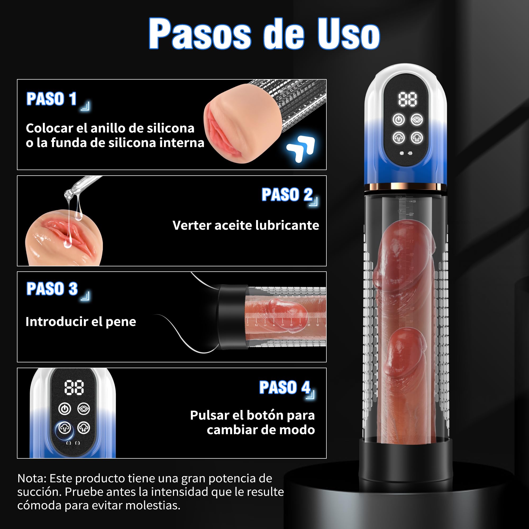HIVEFUN Succionador de Pene Hombre, Alargador de Pene Masculino con 4 Modos de Succión y 3 Modos de Entrenamiento, Bomba de Vacío para el Pene Hombre con 3 Anillos de Silicona y 6 Anillos para el Pene