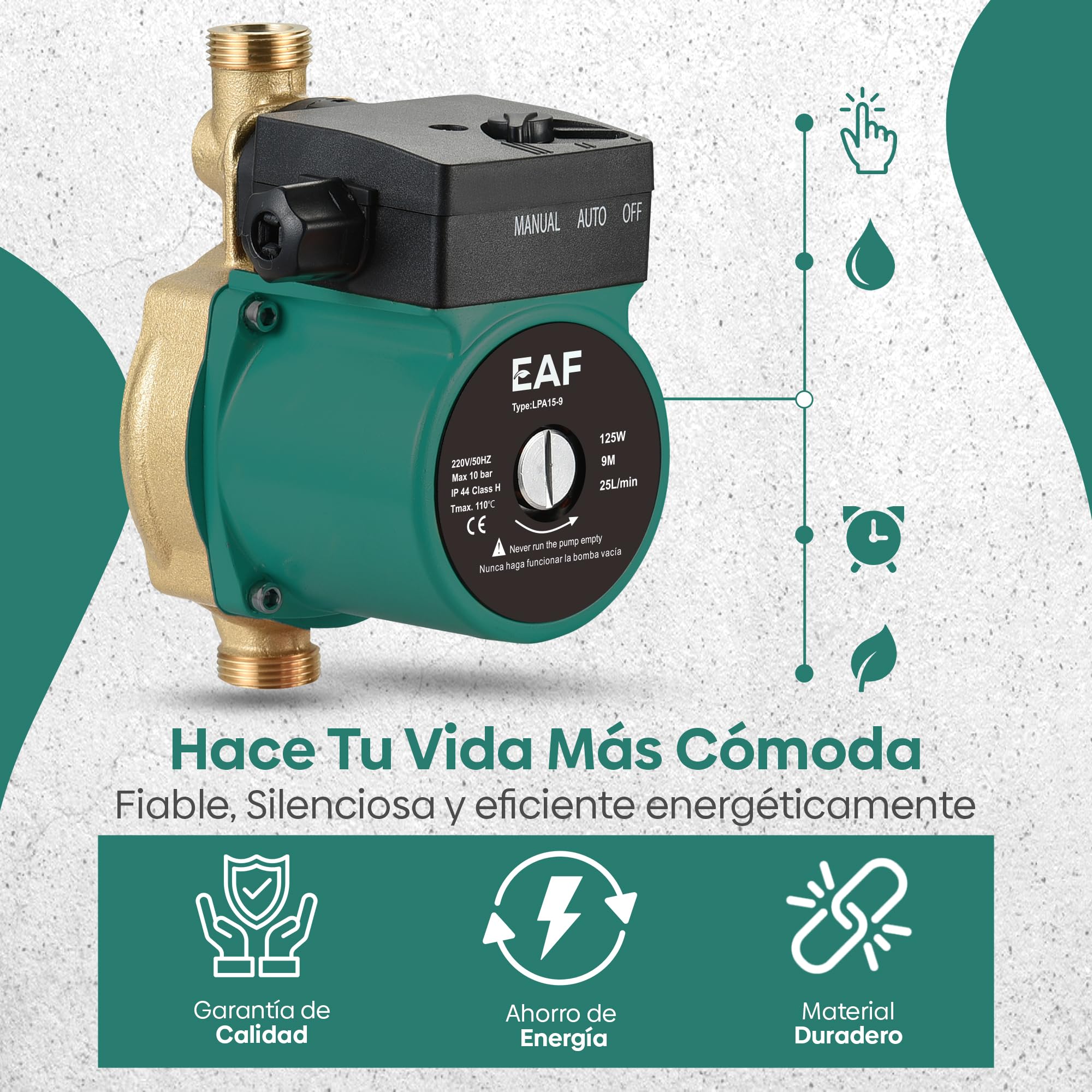 EAF EAFA15-9 – Automática Recirculación Calefacción y Agua Caliente en Duchas y Grifos Doméstica | 9m Máx – 3,6 m³/h Bomba de Presión de Agua para Casa, Bomba de Refuerzo de Presión