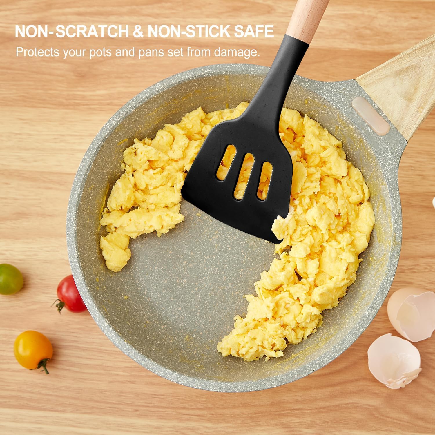 Klick n shop Juego de espátulas y utensilios de cocina de silicona, juego de cuchara para cocinar y hornear, 12 piezas antiadherentes con mango de madera, sin BPA, artículo resistente al calor,