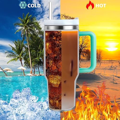 Miniatura 4 de Vaso aislado al vacío de acero inoxidable de 40 onzas con tapa y popote para agua, batidos y más, té helado o café (verde azulado)