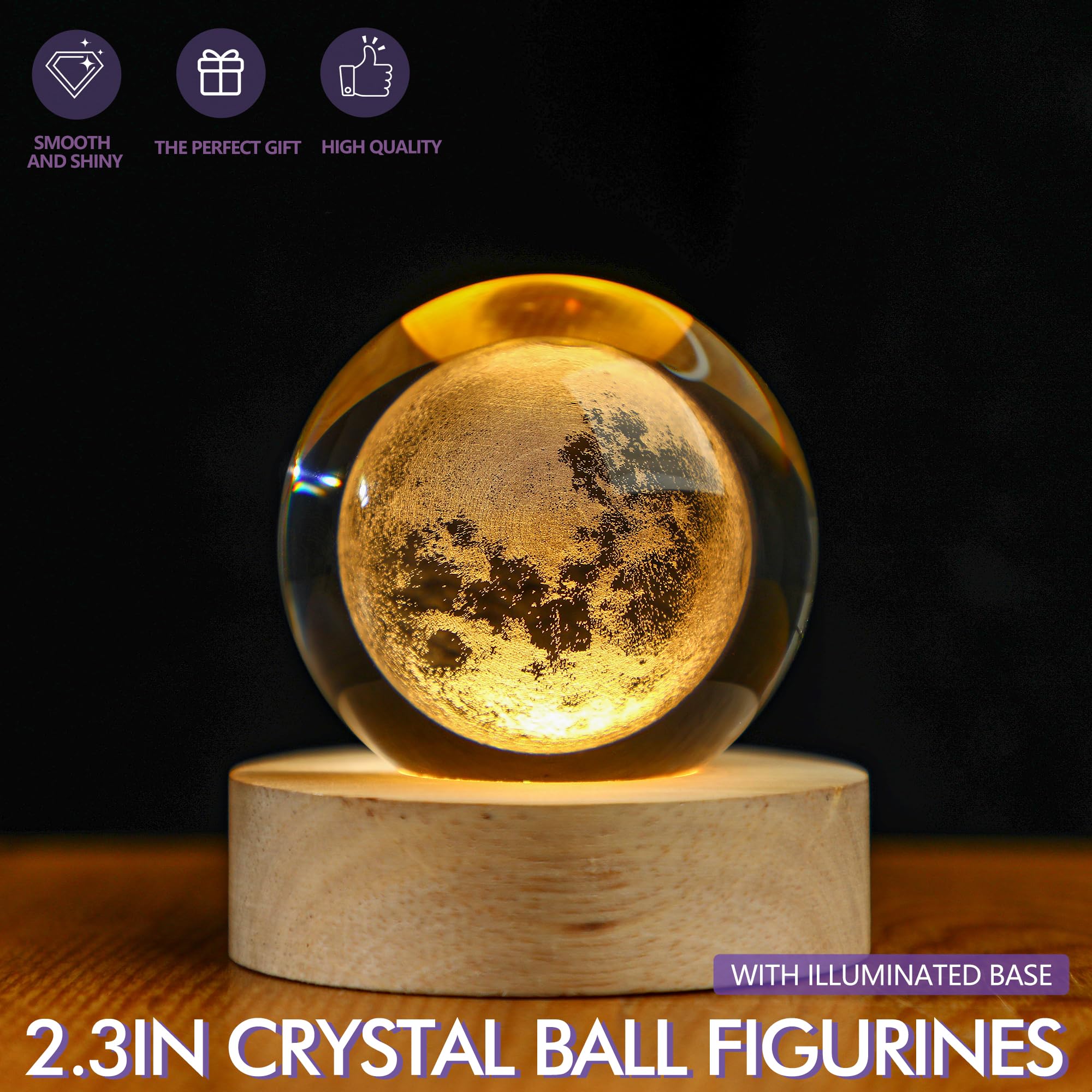 Crystal Moon Crystal Ball with Light Base Night Light 2.3Inches Glass Moon Globe Home Decor Birthday Gift for Women, Friends, Family