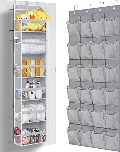 MISSLO Organizador colgante de 6 estantes para colgar sobre la puerta + organizador de zapatos sobre la puerta con 24 bolsillos grandes de malla,