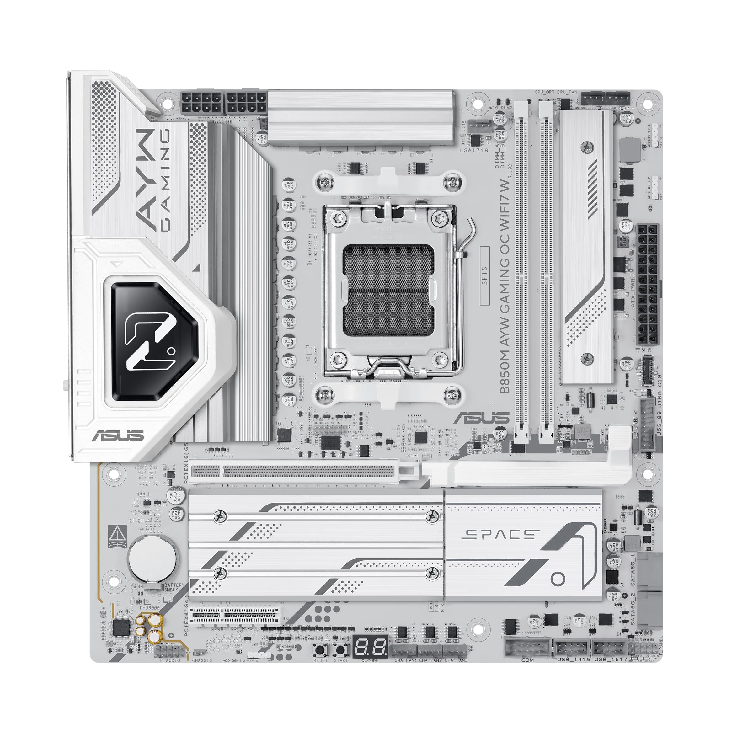 ASUS B850M AYW Gaming OC WIFI7 W, Placa Base AMD Micro-ATX, 12+2+1 Fases de alimentación, DDR5, PCIe 5.0, 3 Ranuras M.2, Wi-Fi 7, Ethernet Realtek 2.5 GB, USB-C de 20 y 10 Gbps, BIOS Flashback, Aura