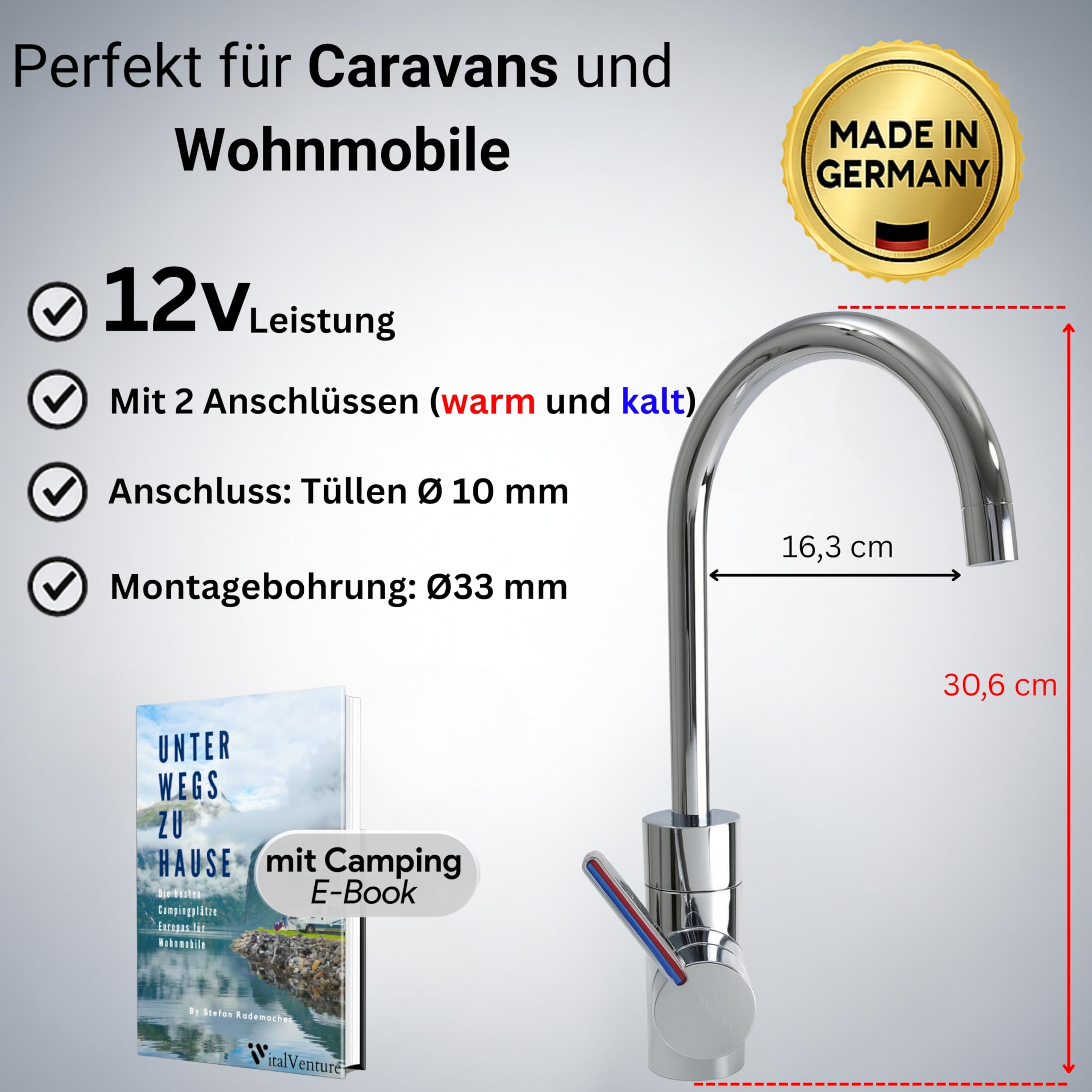 Comet Lucca Einhebelmischer für Wohnmobil und Wohnwagen, 12 V, Chrom, 360° drehbarer Mikroschalter, 12 V Wasserhahn