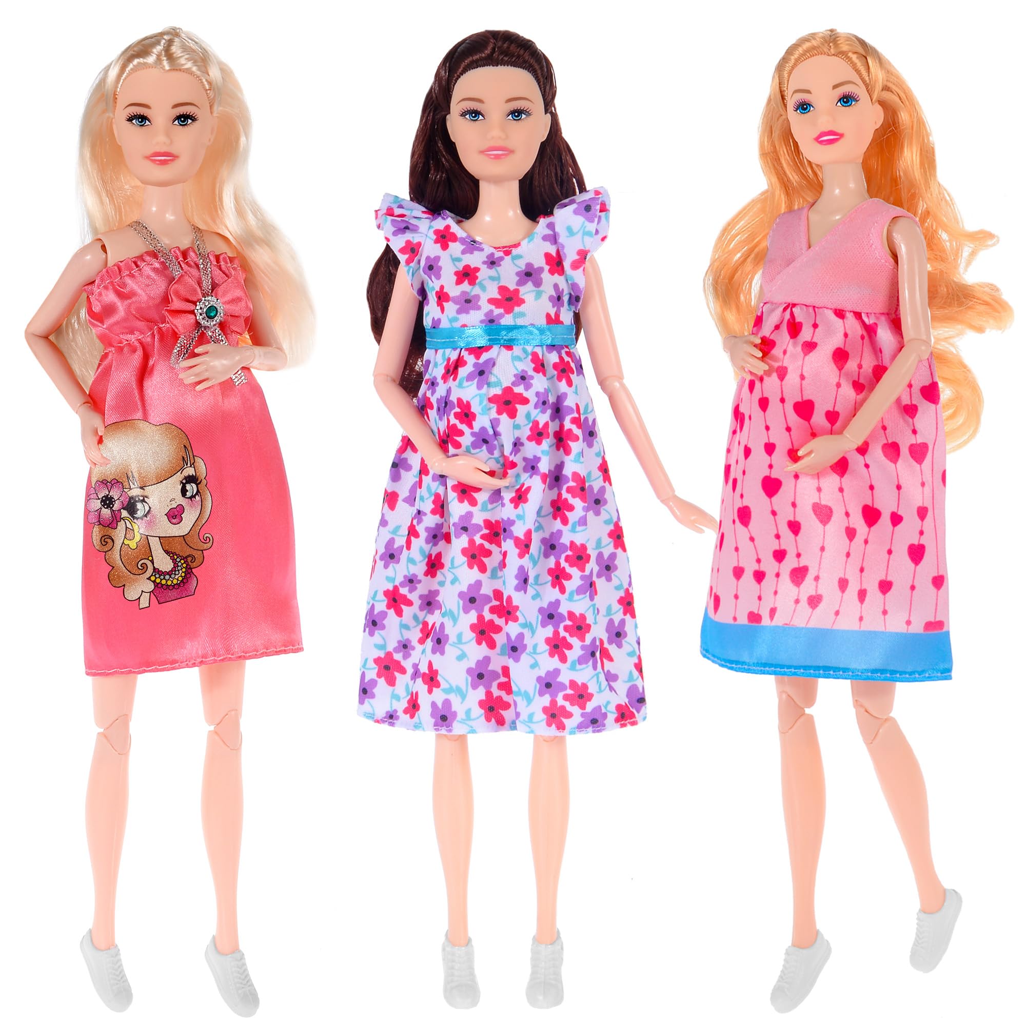 dollbie 3-Pack 11.5 inch Pregnant Dolls with Interchangeable Pregnant and Normal Bellies - Includes 3 Dolls, 3 Dresses, 3 Babies