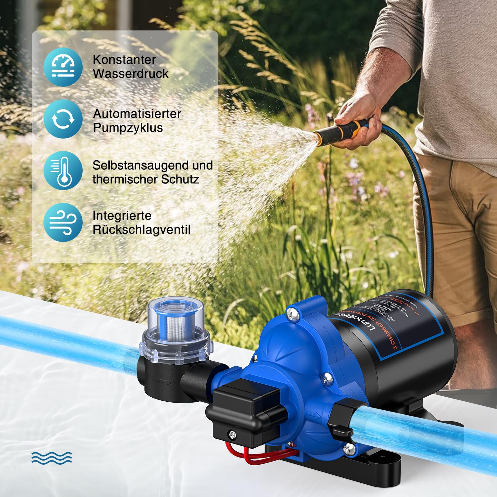 Wasserpumpe 12V Druckwasserpumpe, 3.0 GPM 50 PSI Wasserpumpe Selbstansaugend mit Druckschalter Wohnwagen 12v Membranpumpe für Camping Gartenbewässerung, Boote