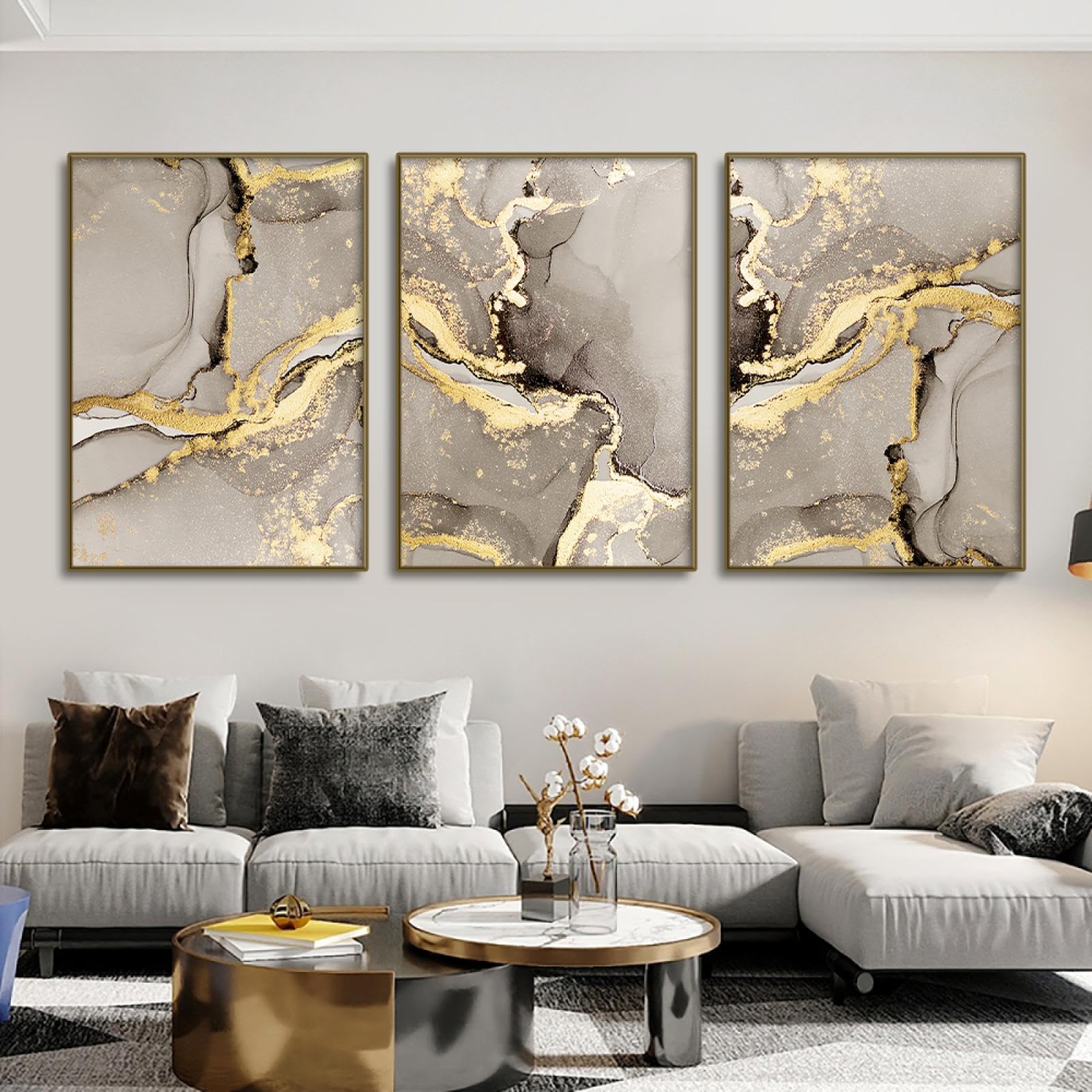 dsdsgog Marmor Beige Gold abstrakte Wandkunst Poster Luxus Leinwand Malerei Drucke Bilder moderne Wohnzimmer Inneneinrichtung Home Decor 60 x 80 cm x 3 rahmenlos