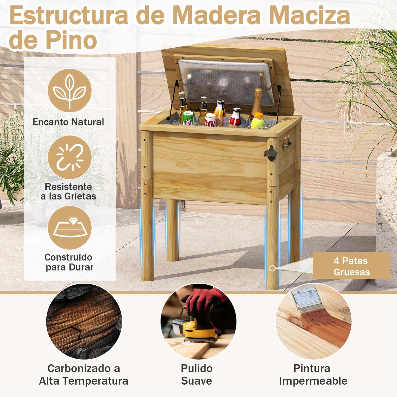 GOPLUS Nevera de Madera para Patio, Refrigerador de Bebidas de 51 L con Asas y Abridor de Botellas, Nevera de Hielo al Aire Libre para Fiesta, Patio, Junto a la Piscina y Barbacoa, Marrón Rústico