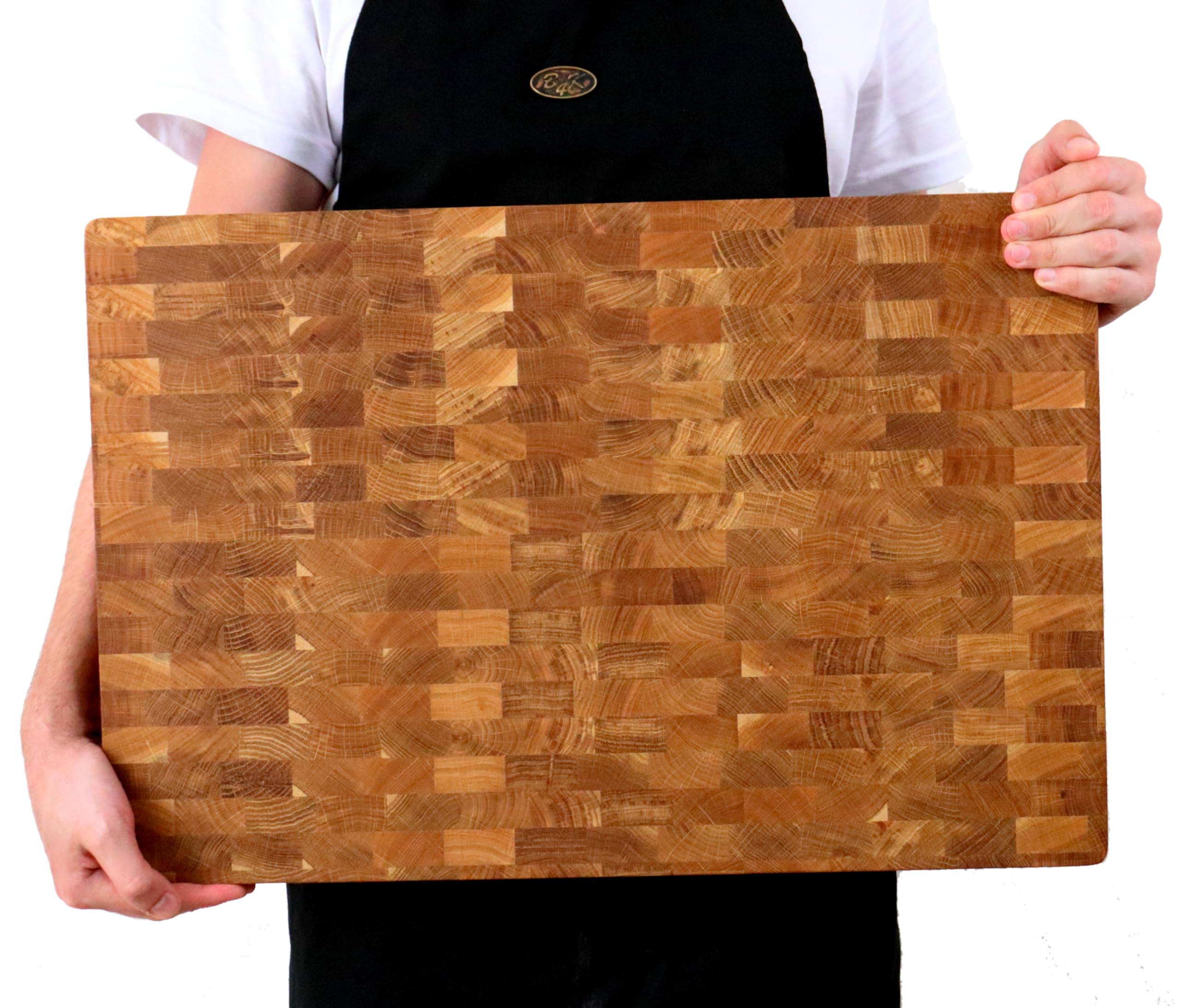 B4K® Schneidebrett aus Eiche Stirnholz 60 × 40 × 4 cm | Massiver Hackblock aus Hirnholz, Mit Griffen & Silikonfüßen, Antibakteriell, Messerschonend