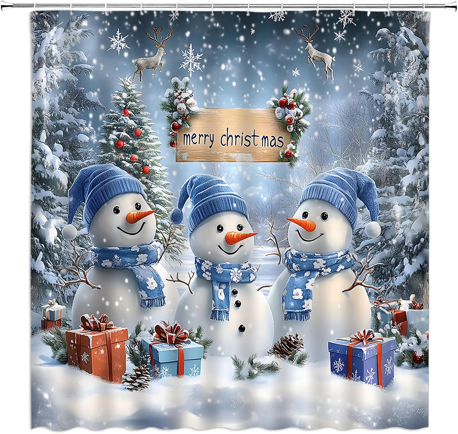 Snowman Shower Curtain Christmas Cute Blue Snowman Pine Tree Forest Snowflake Nature Winter Holiday 70" WX96 H Bathroom Decor Fabric Curtain with Hooks