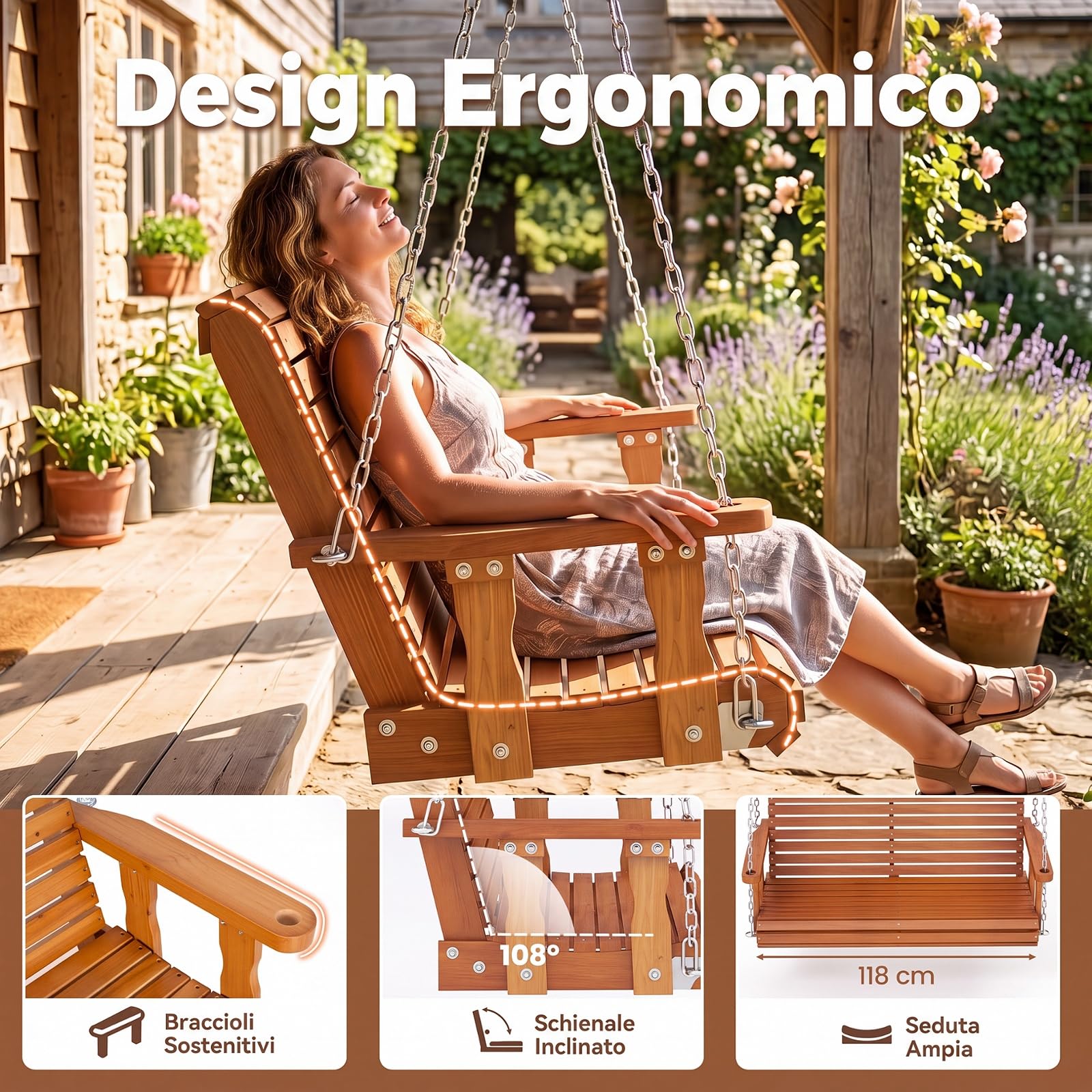 COSTWAY Altalena da Giardino a 2 Posti, Panca Sospesa in Legno | con Altezza Regolabile, Schienale Ergonomico e Sedile a Doghe, Panchina da Appendere per Giardino e Cortile, Portata 300 kg