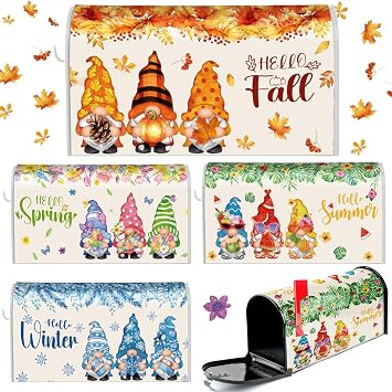 Dispowreath 4 Pcs Mailbox Covers Magnetic Standard Size 18 x 21 Inch Hello Spring Summer Autumn Winter Magnetic Mailbox Covers Wraps for Holiday Christmas Garden Yard Home