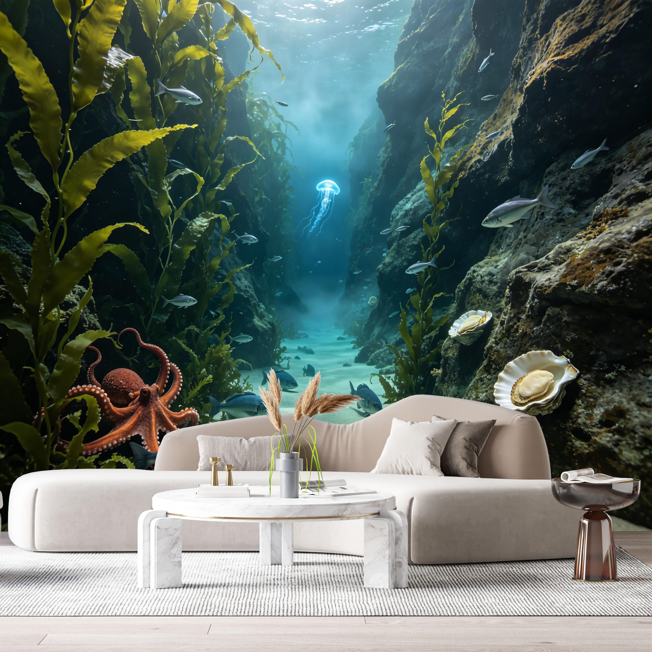 Custom Size Wall Murals Deep Ocean Marine 3D Underwater Jellyfish Octopus Fish SelfAdhesiveWall Fabric Removable Wallpaper Wall Decor for Living Room Bedroom Bathroom