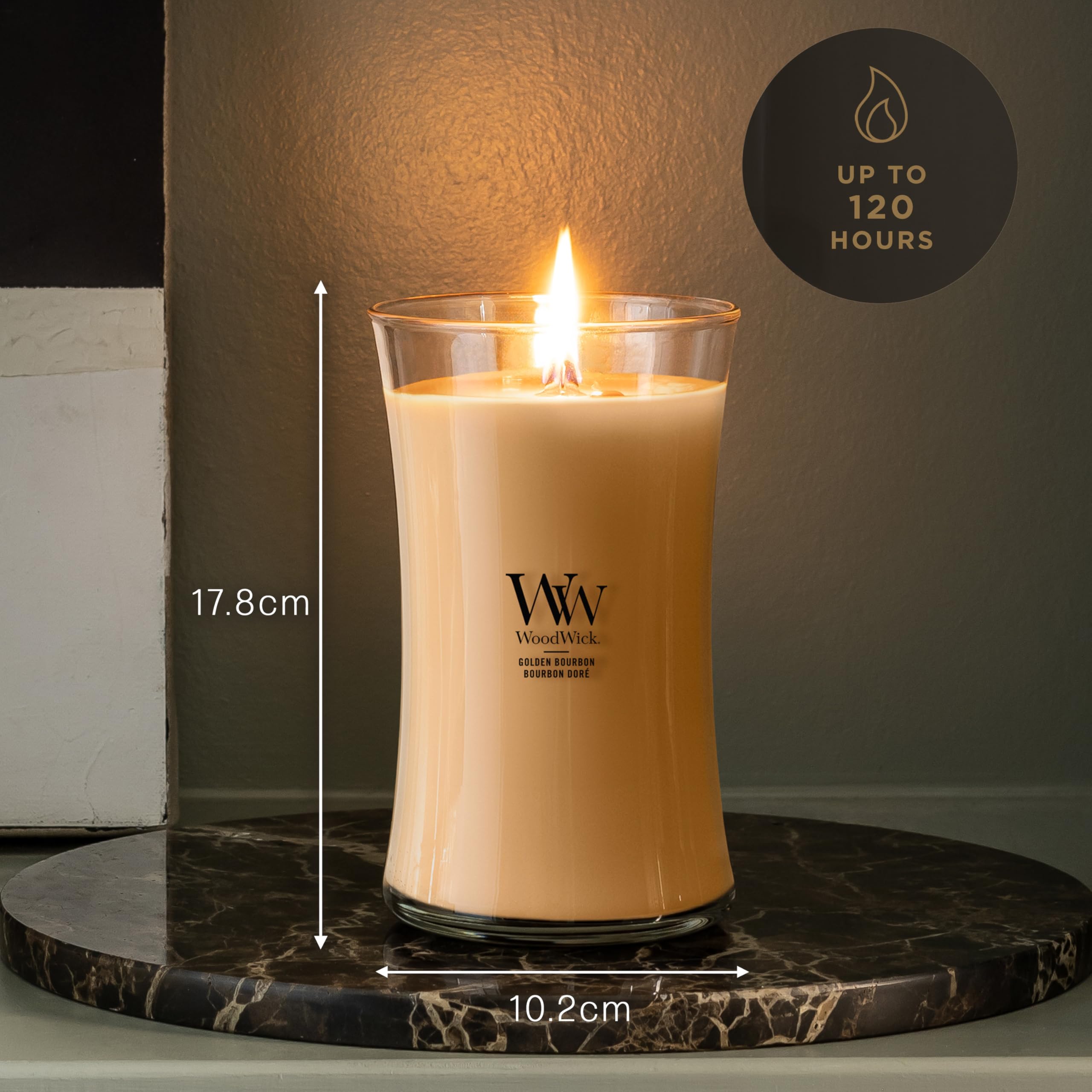 Candela profumata WoodWick con stoppino scoppiettante | Candela clessidra grande Golden Bourbon | Candele a lunga combustione: Fino a 130 ore | Regali perfetti per le donne
