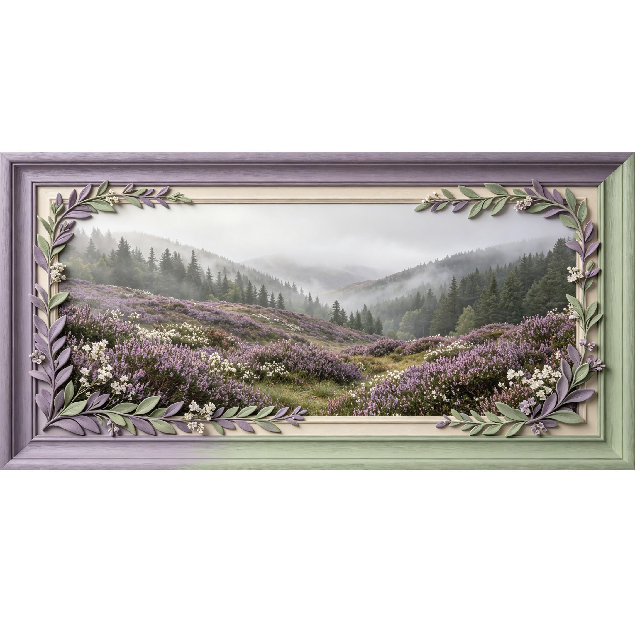 Agglomerix 3D Framed Wall Art Mountain Forest Mist Purple Heather Wildflower Landscape Modern Textured Large Size SelfAdhesive Removable Wall Decor Prints Artwork for Living Room Bedroom Office