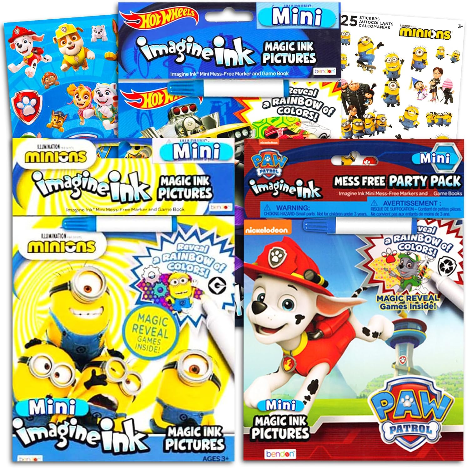 Imagine Ink Coloring Book Bundle Including 3 No Mess Magic Ink Activity Books Featuring Hot Wheels, Paw Patrol, and Despicable Me Minions and Stickers
