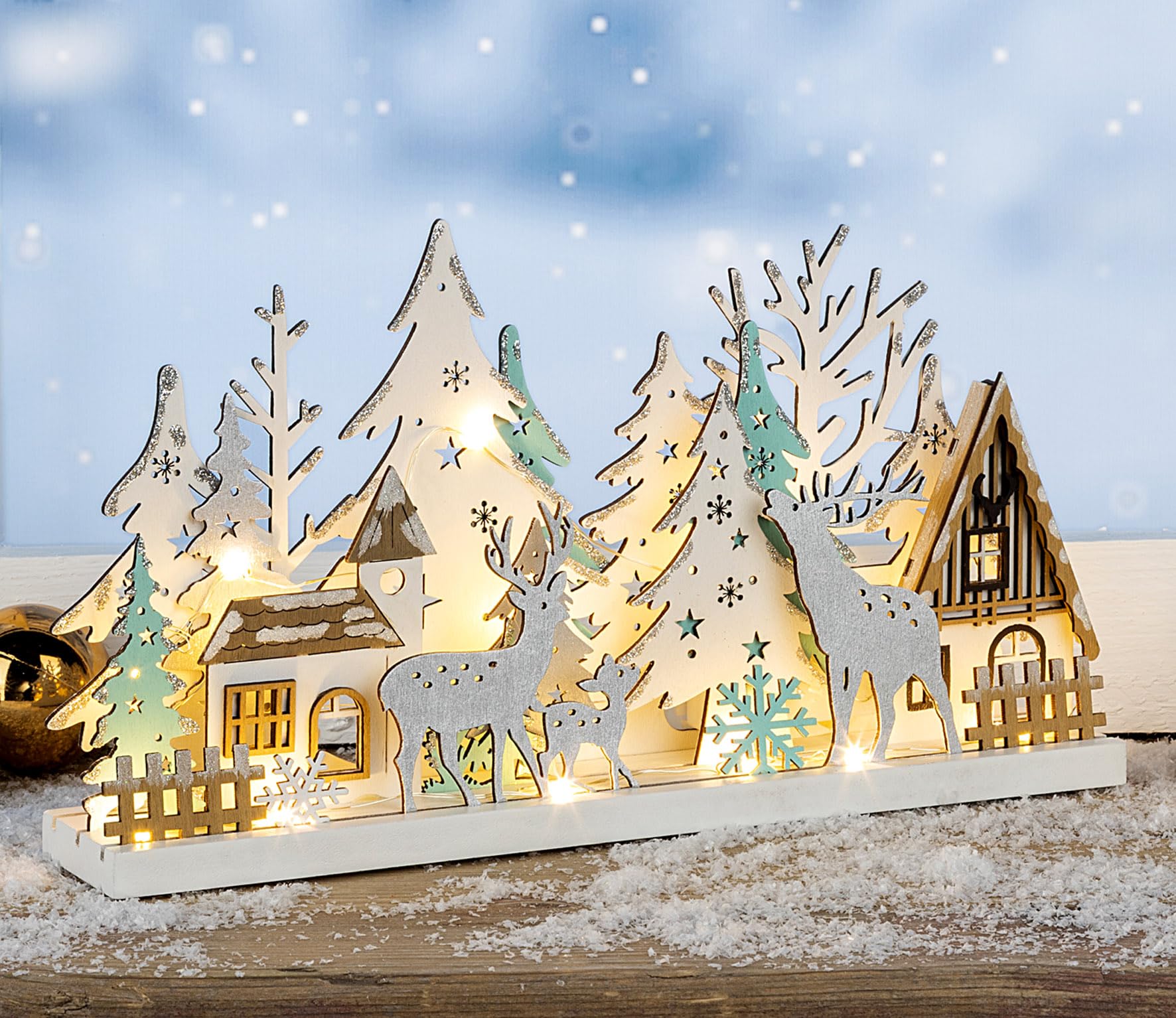 Spetebo Holz Winterlandschaft 30 cm beleuchtet - 15 LED warmweiß