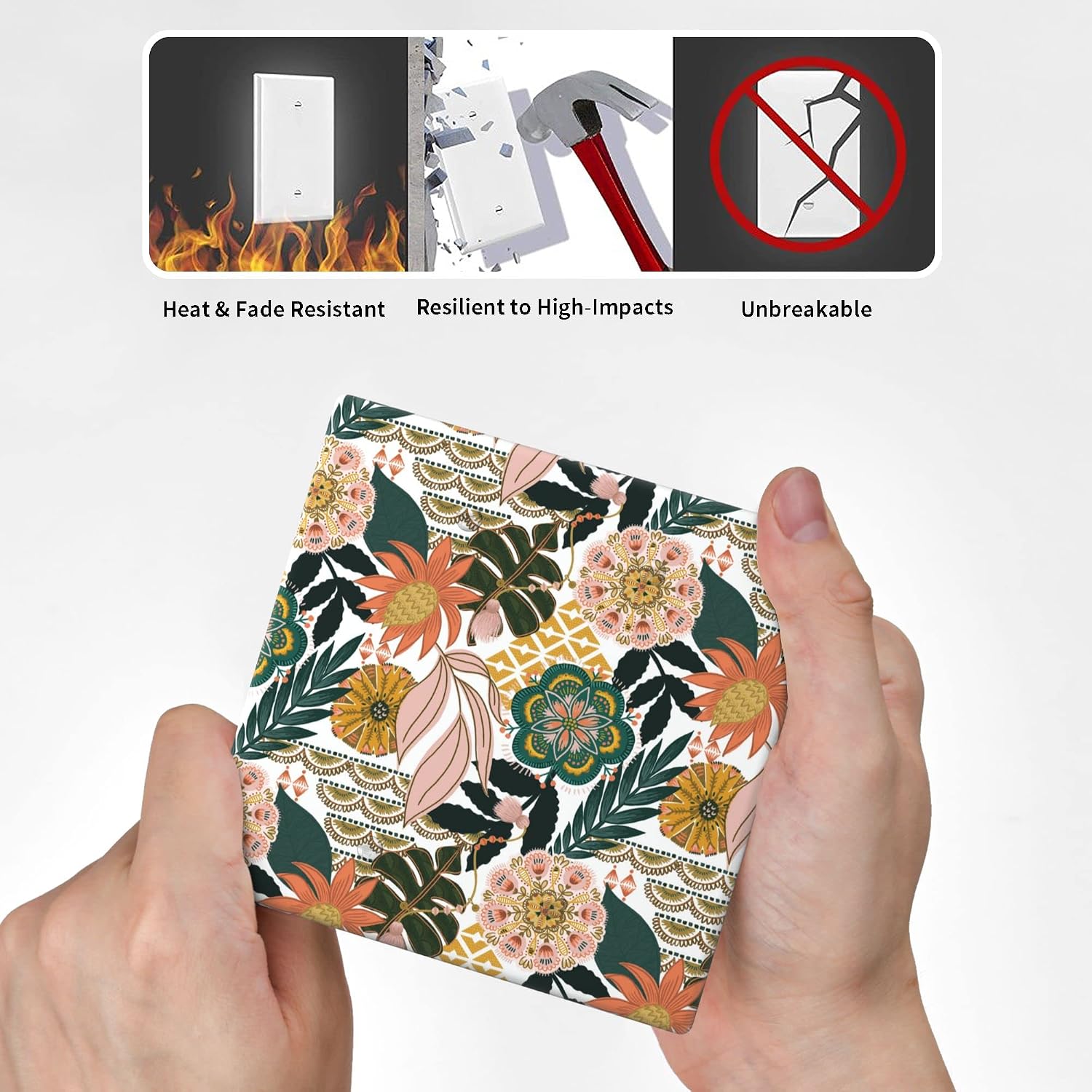 Boho Floral Blank Wall Plate 2 Gang No Device Double Blank Switch Plate Outlet Covers, Flower Tropical Leaves Decorative Wall Plates, 4.5 x 4.5 Inch