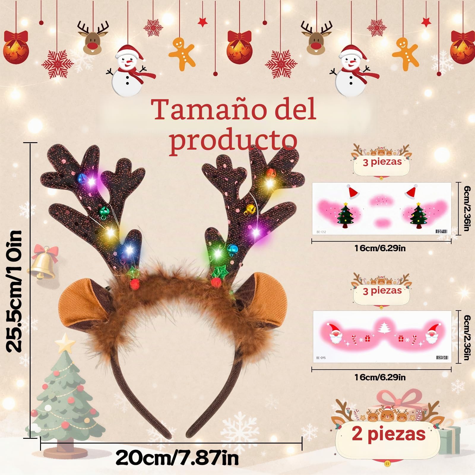 2 Diadema Navidad, Diademas Navideñas con Luces Set Incluye 2 Pegatinas de Rubor, Diadema Reno Navidad, Diademas Navideñas con Cascabeles Apto para Niños y Adultos