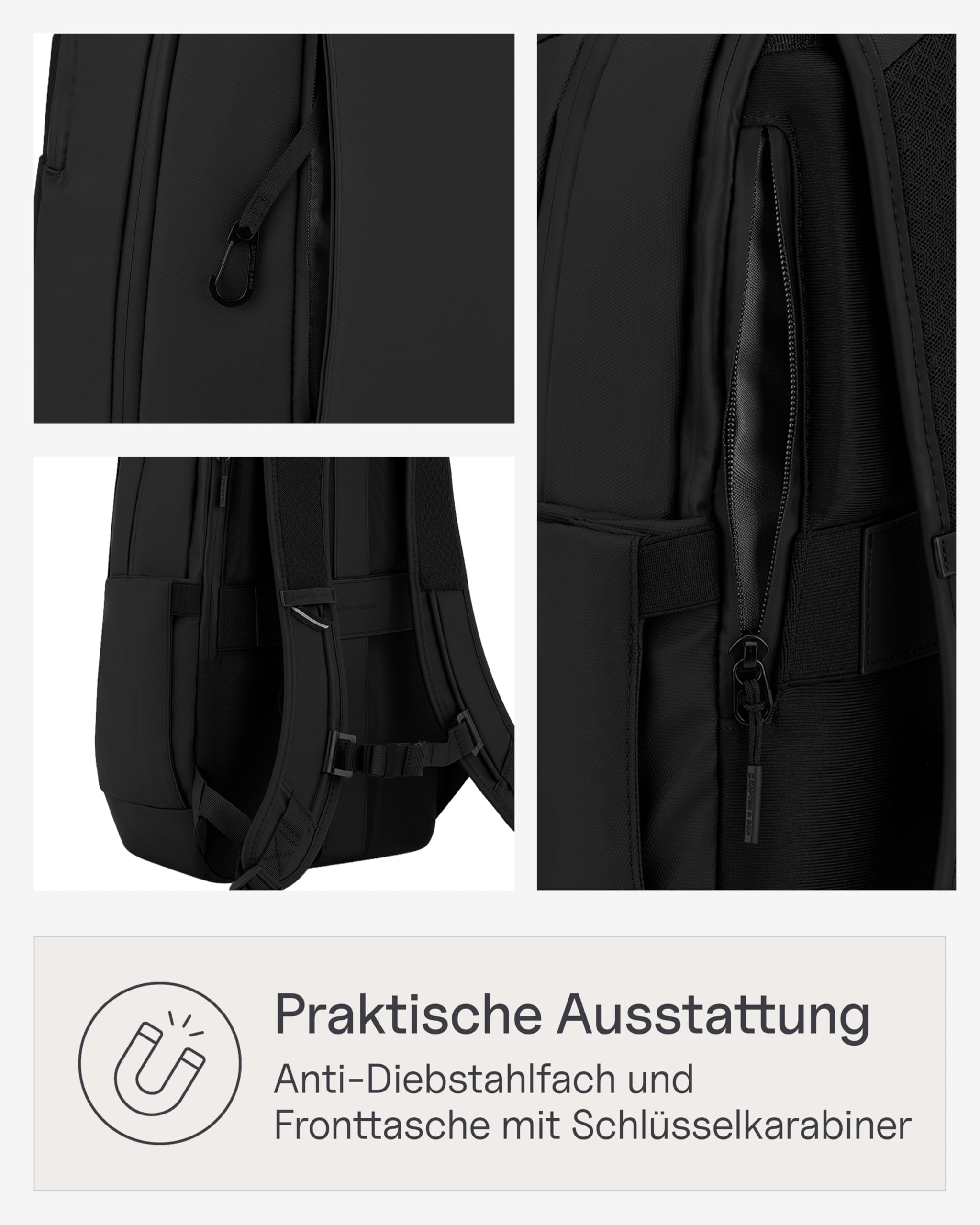 Kapten & Son Rucksack Oslo All Black 18L | Rucksack Herren Schwarz | 16 Zoll Laptopfach, Handgepäck-Größe & Kofferbefestigung | Ergonomisch & Wasserabweisend mit Schlüsselkarabiner