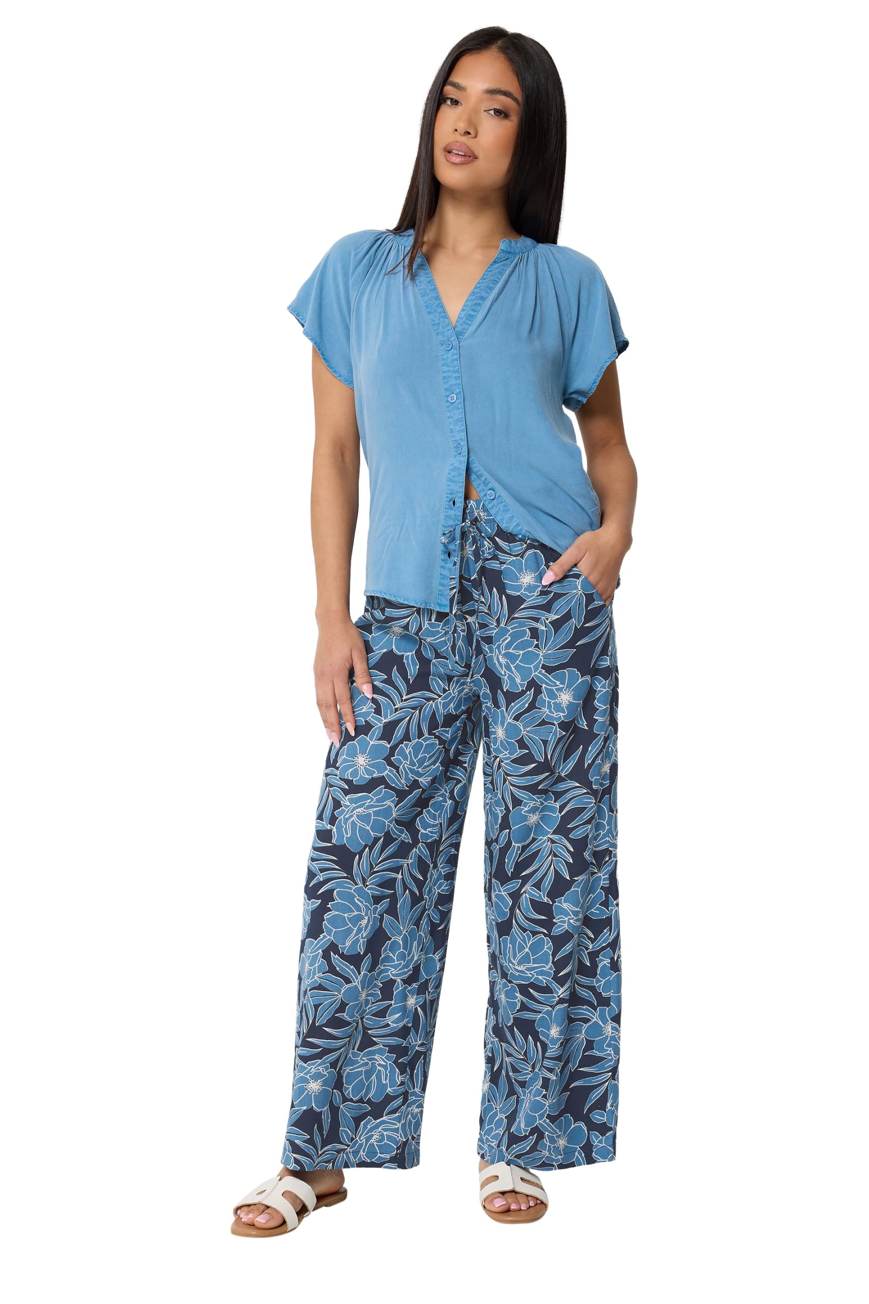 M&Co Women's Dark Blue Floral Print Wide Leg Trousers In Large