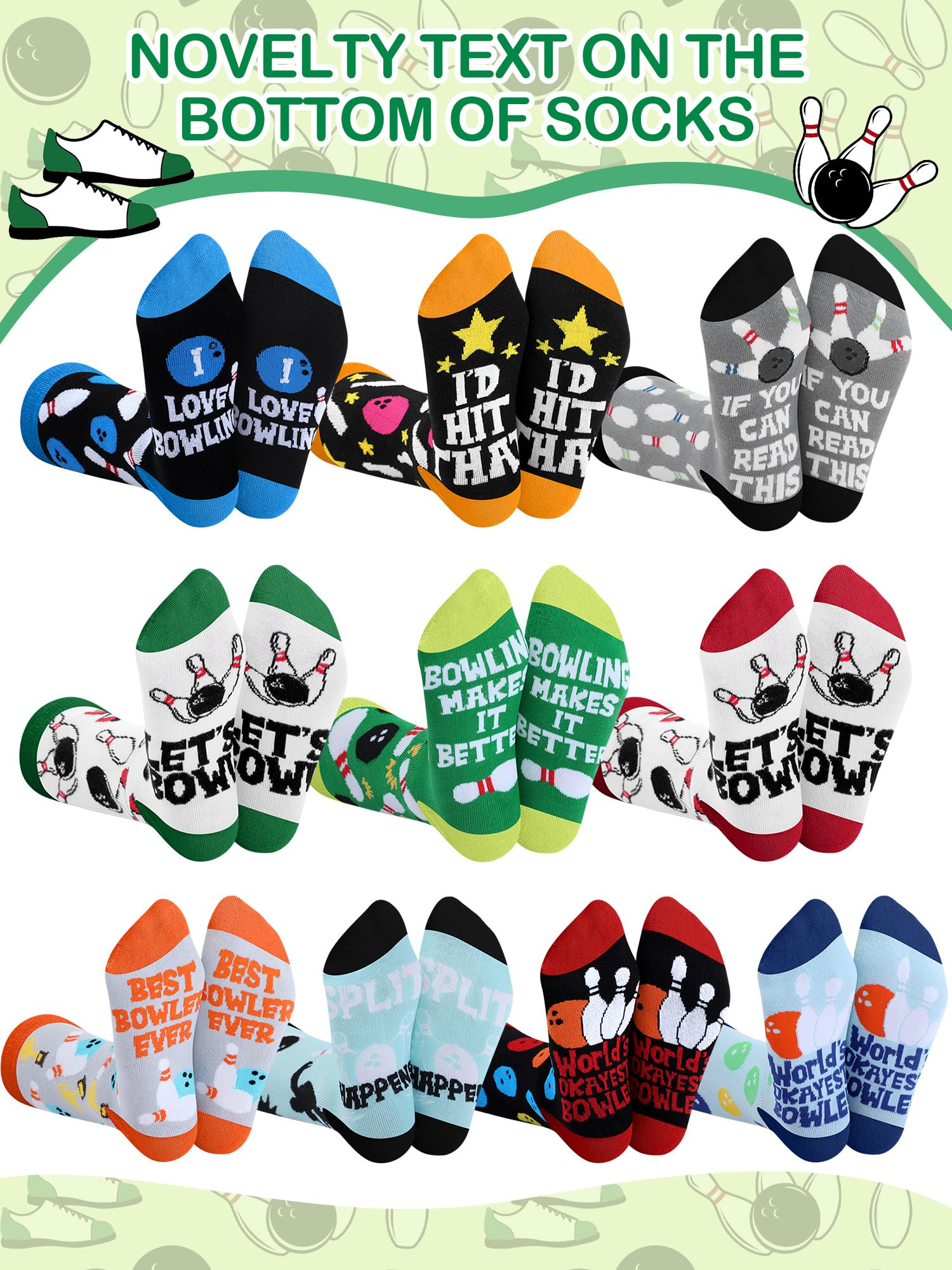 Berlune 30 Pairs Novelty Bowling Socks for Men Funny Bowling Fathers Day Crew Socks Gifts Bulk Sport Gift for Bowlers Lovers
