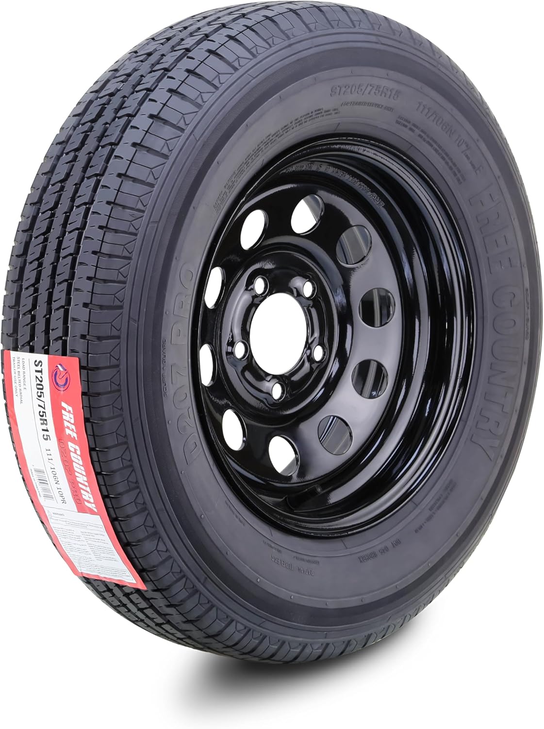 FREE COUNTRY Trailer Tire Wheel Assembly ST205/75R15 10-Ply E 110M Heavy Duty 2400lbs w/ 5 Lug on 4.5" PCD Black Mod Rim