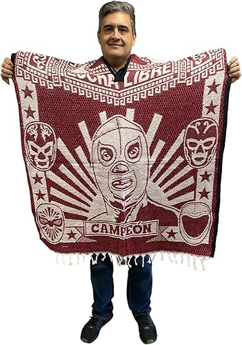 Rojo oscuro, Poncho Lucha Libre, Poncho Luchador, hecho en México, poncho tradicional, México, Lucha Mexicana, Lucha Libre, reversible, dos lados,