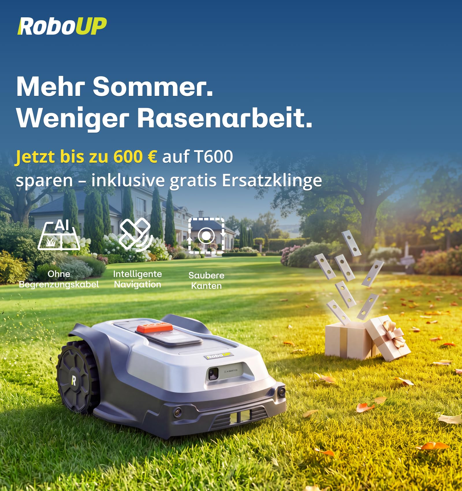 Robot Tondeuse sans Fil T600-800㎡, RTK+IA Robot Tondeuse