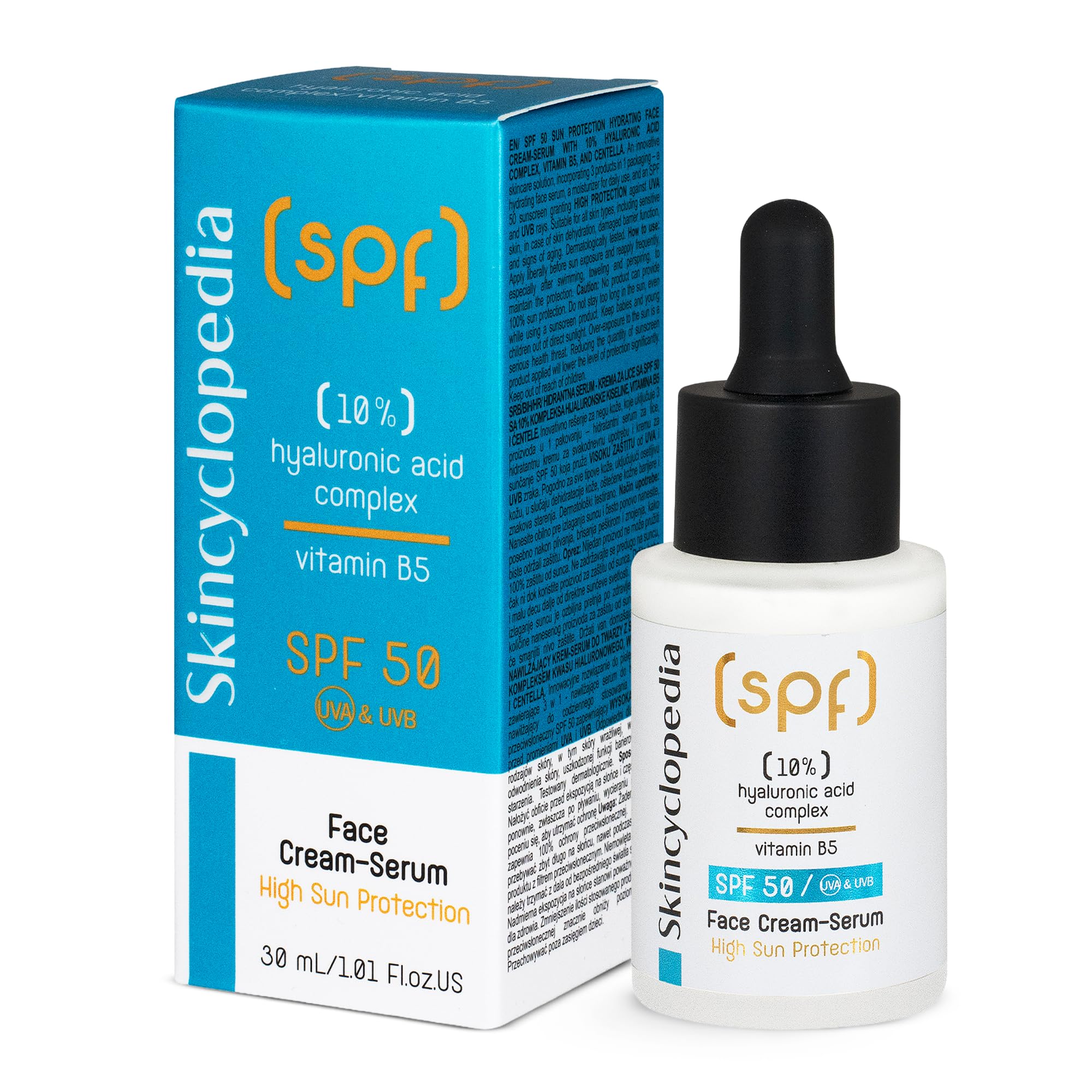 Skincyclopedia Sonnenschutz Serum Gesichtsserum mit Hyaluronsäure 10% und Vitamin B5, SPF 50, UVA/UVB, 30 ml