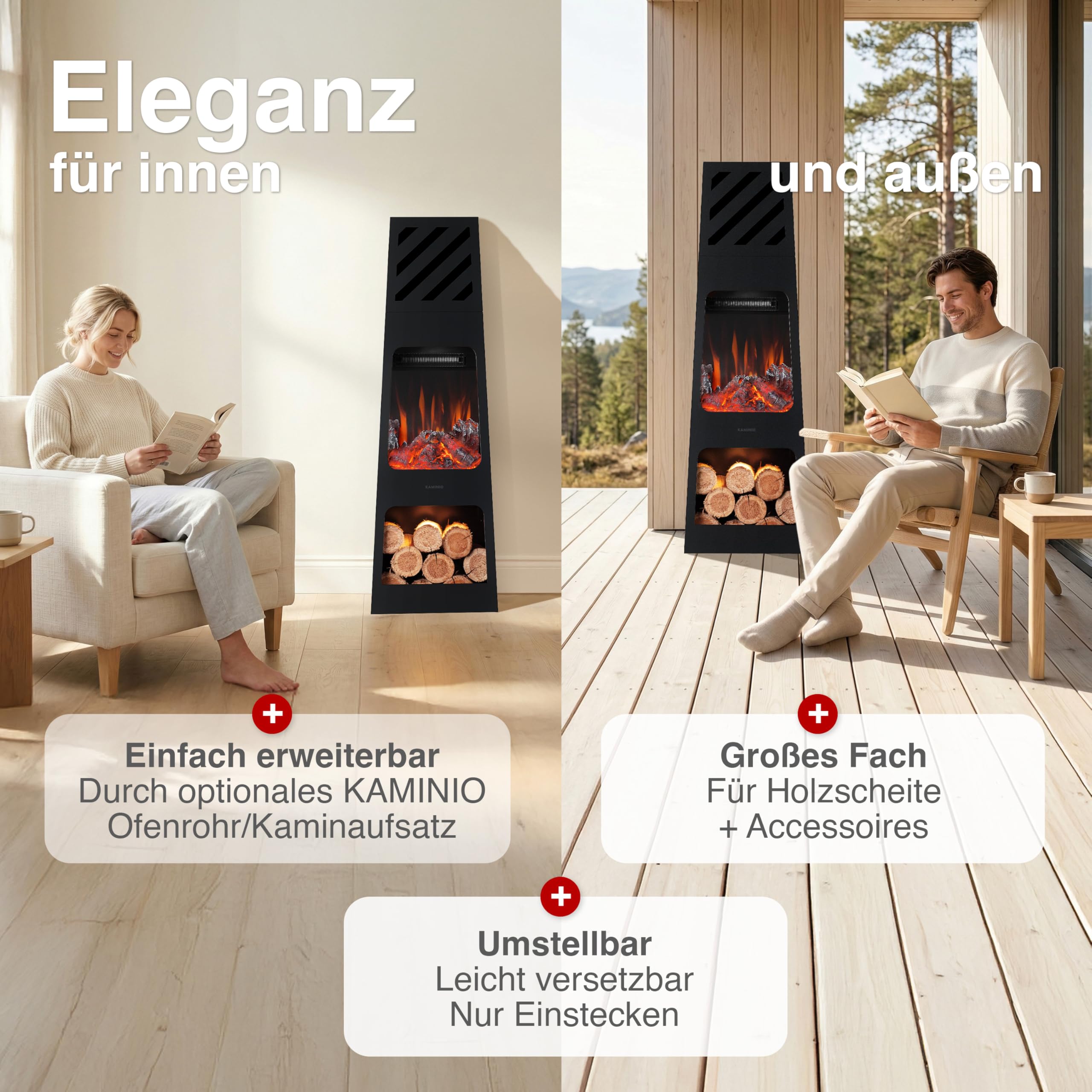 KAMINIO Elektrischer Gartenkamin Kai - Elektro Terrassenofen mit Heizung, 3D-Flammeneffekt, Holzfach, LED-Ambientelicht, Fernbedienung (X-Large)