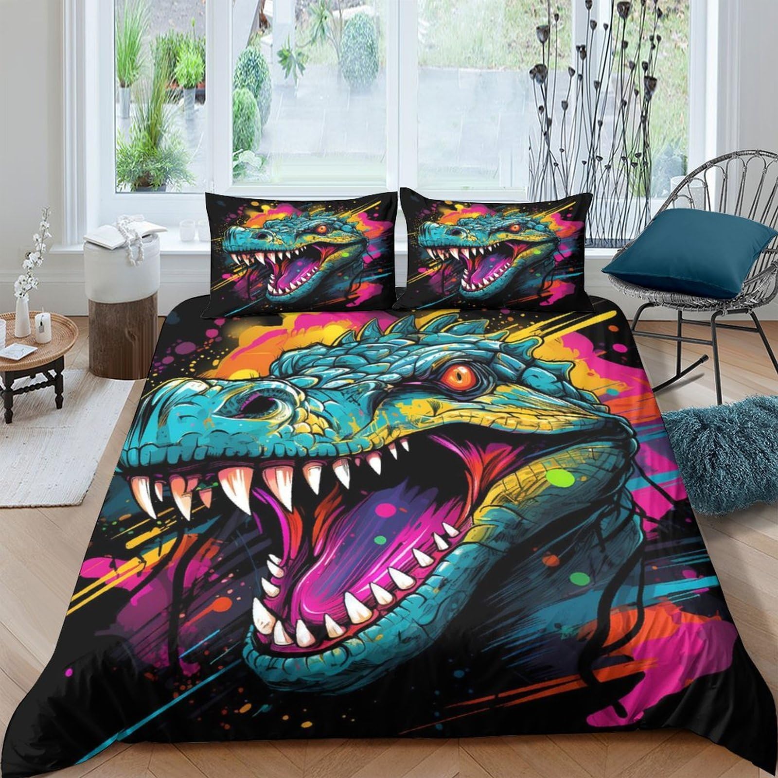 Ctjqhvkz Style-4 3D Printed Neon Dinosaur Fitted Sheet Microfiber Soft Breathable Graffiti T-Rex Mattress Cover For Bedroom Decor Single（135X200cm）