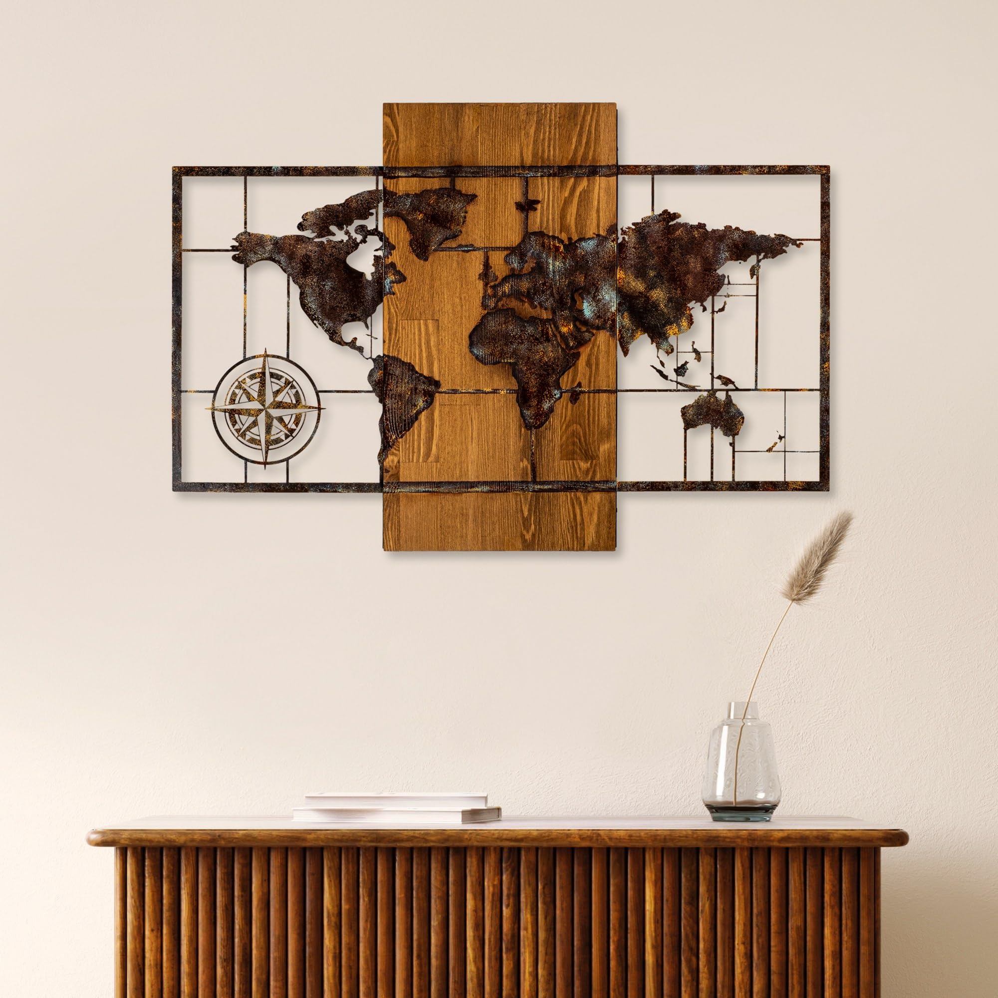 Accessoire mural décoratif en bois et métal marron tableau relief moderne 58x85