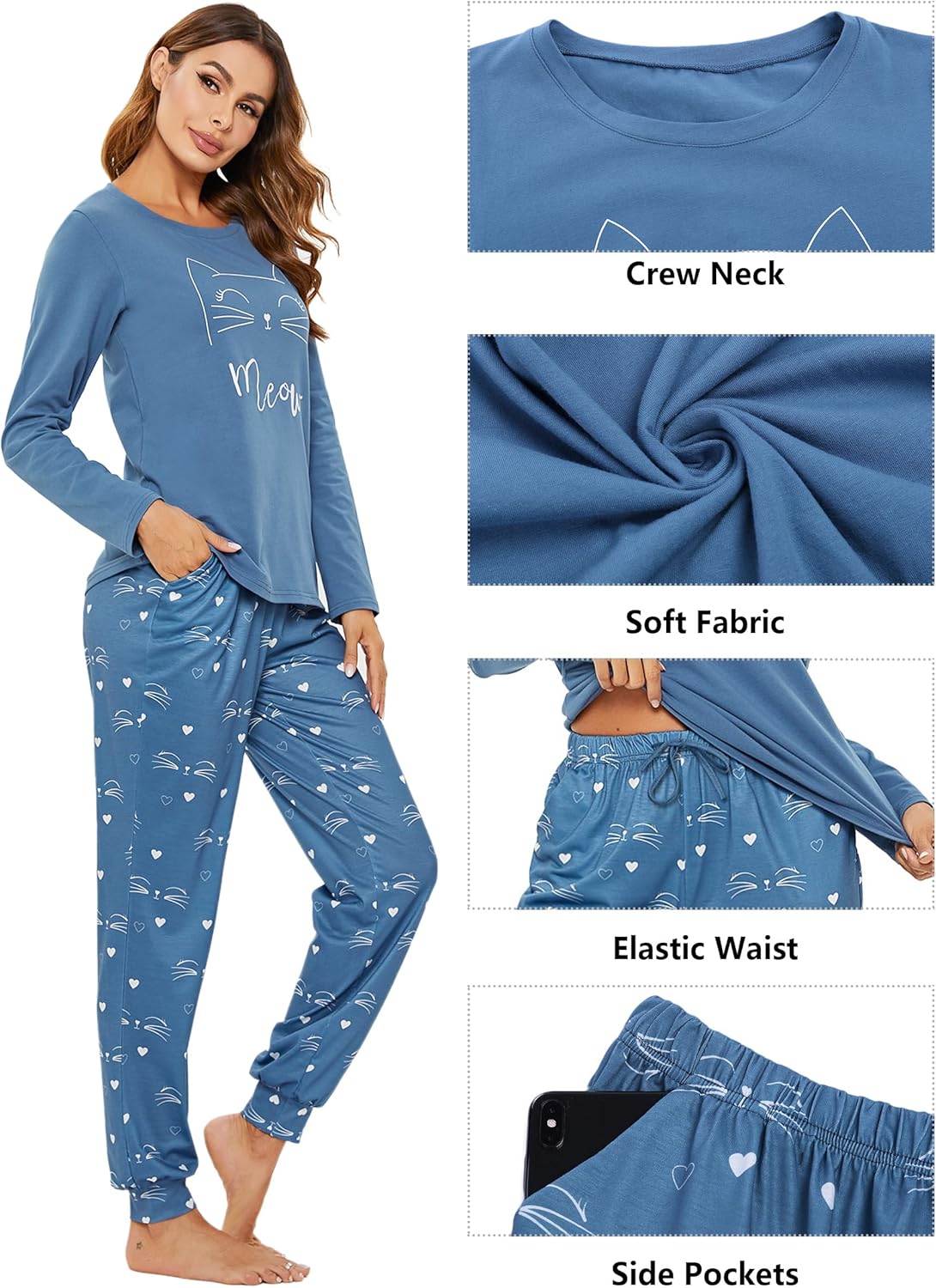 Sykooria Pajama Sets for Women 2 Piece Sleepwear Pj Set Long Sleeve Top & Cute Print Jogger Pants with Pockets - Image 2