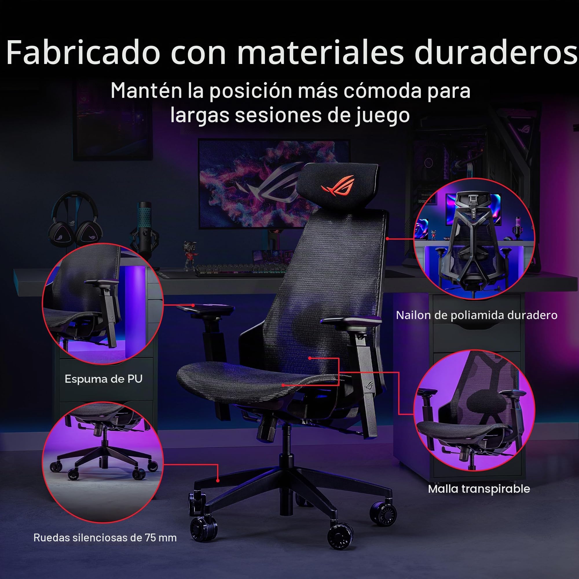 ASUS ROG Destrier Core - Silla Gaming ergonómica, reposacabezas 2D, Soporte Lumbar, reposabrazos 3D para Gaming móvil, Profundidad y Altura Ajustables, reclinación en 3 Posiciones - Negro