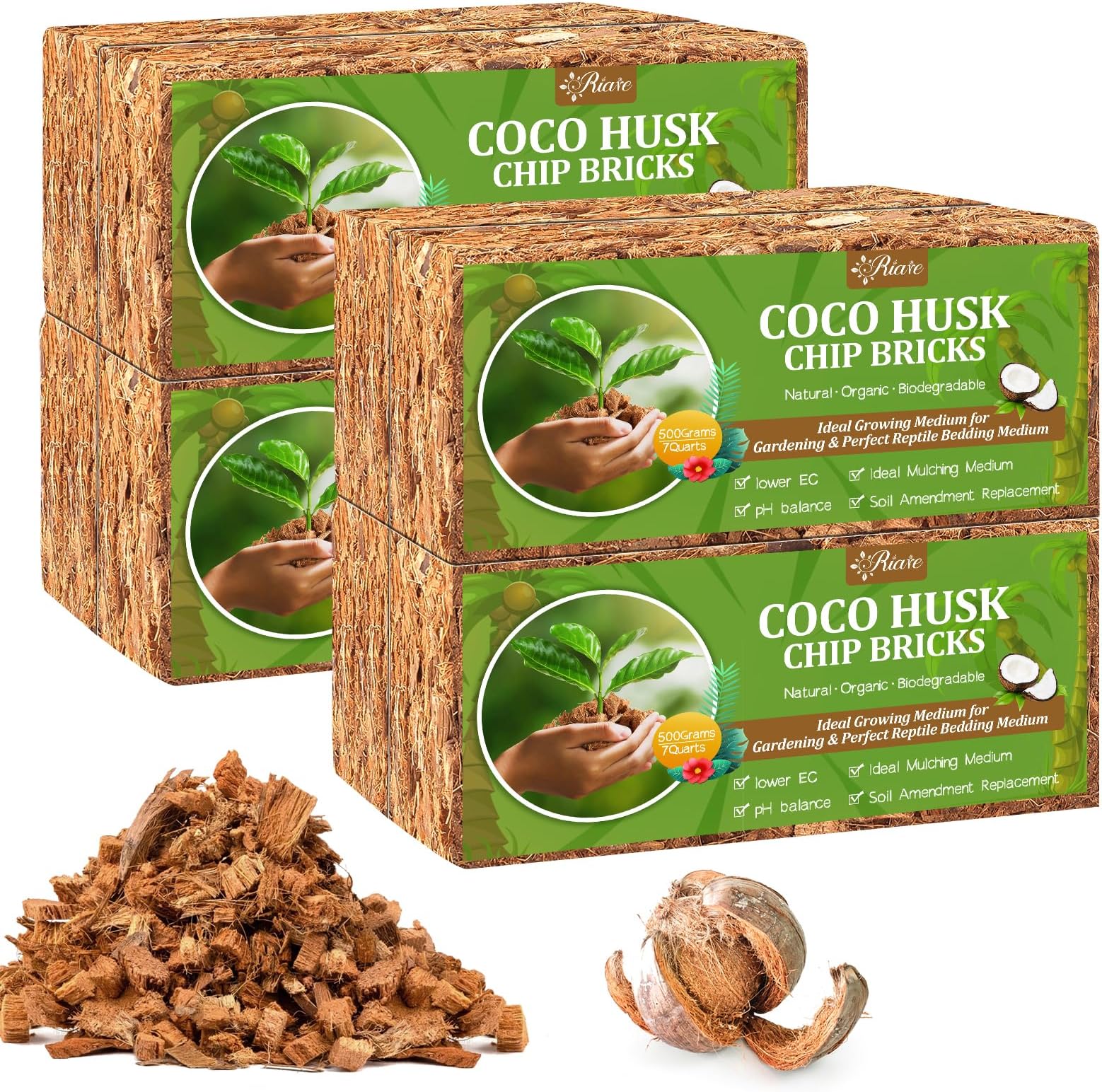 Riare 8 Pack Coco Chips Substrate for Plants- 8.8lb 100% Organic Coconut Husk Brick with Low EC and pH Balanced, High Expansion Coconut Substrate Coco Husk Mulch for Garden Flowers, Herbs, Planting