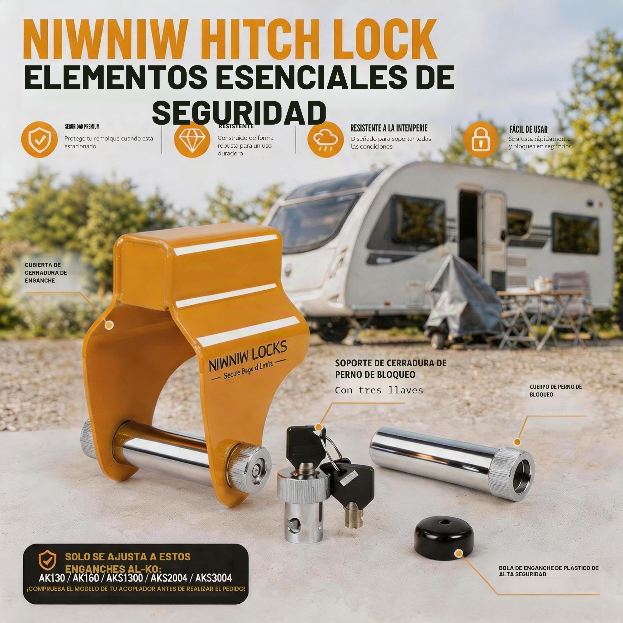 NiwNiw Cerradura de enganche de caravana resistente, bloqueo antirrobo de alta seguridad para ALKO AKS1300/2004/3004 y AK130/160, protección de acoplamiento de remolque con acero reforzado