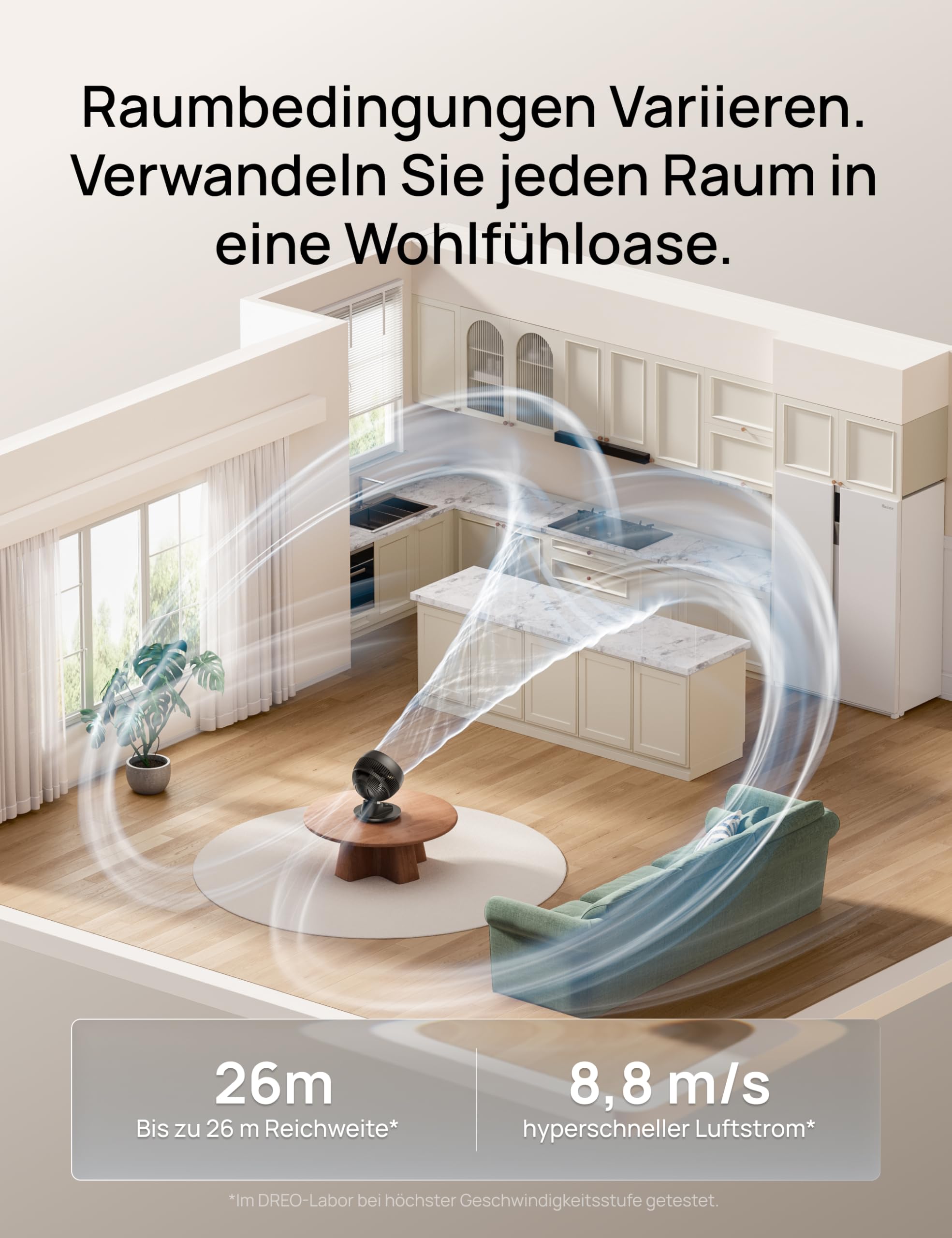DREO 3D Tischventilator, leise 22 dB, 8,8 m/s starker Luftstrom, 90° Oszillation, App & Sprachsteuerung, 9 Stufen, 8/12h Timer