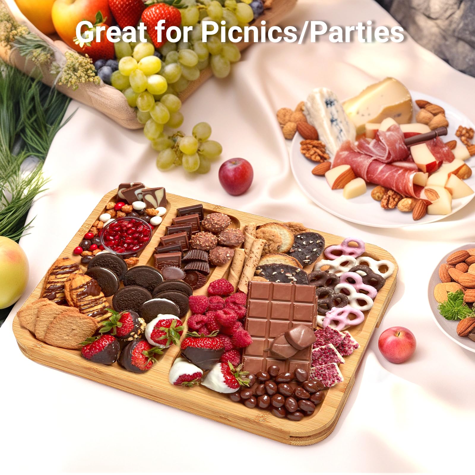 Planche à charcuterie en bambou avec couvercle et poignée, 6 compartiments, plateau à fromage avec couvercle verrouillable, cadeaux pour couples, mariage, fiançailles, pendaison de crémaillère,