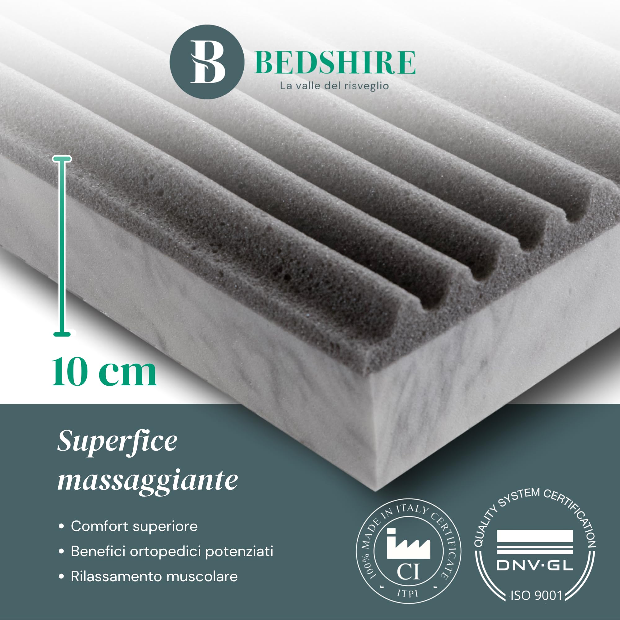 Bedshire Topper alla Grafite Matrimoniale 160x190 Materasso Correttore in Memory Foam HD in Grafene Alto 10 cm a 7 Zone con Rivestimento Sfoderabile Futon Ortopedico Made in Italy 100%