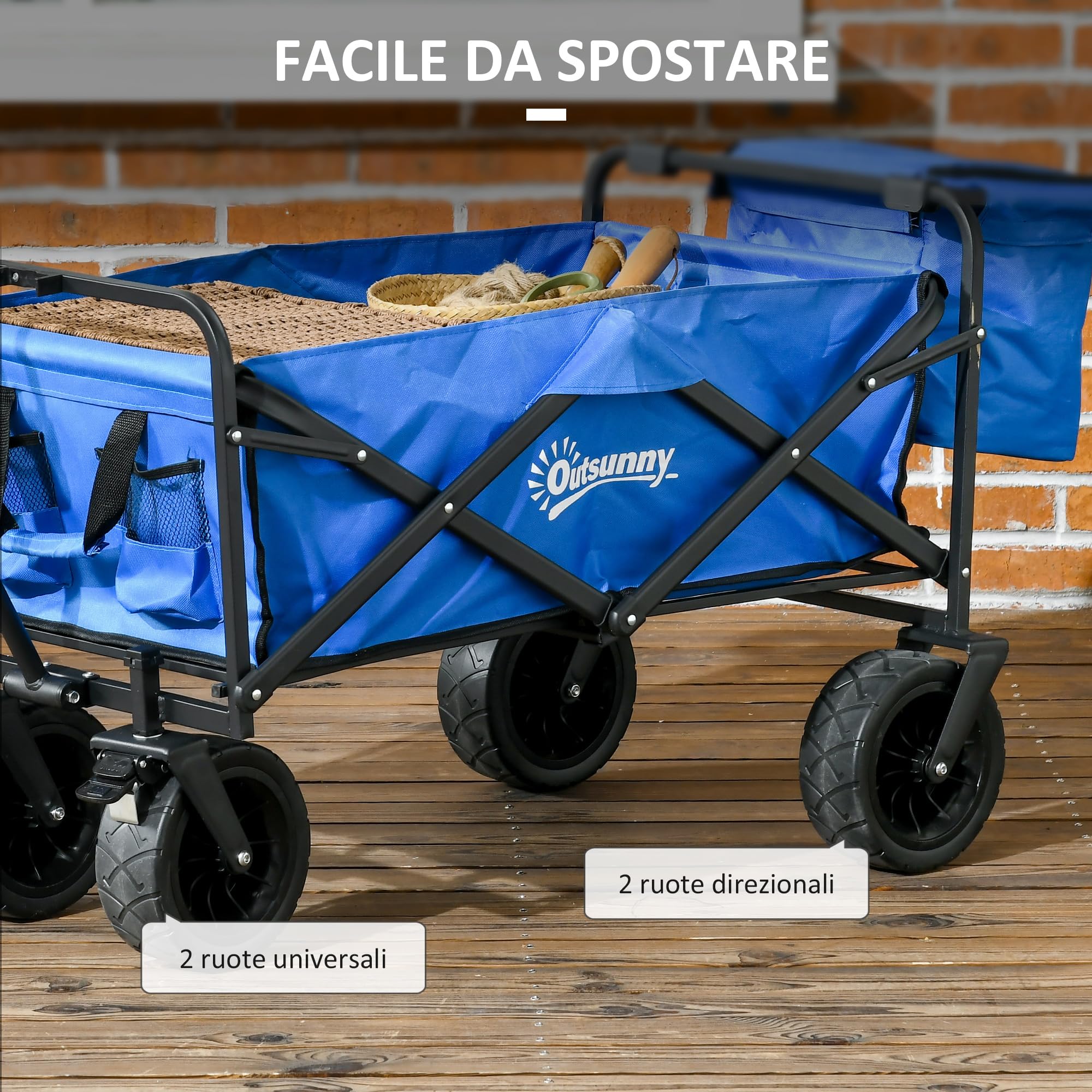 Outsunny Carello Spiaggia Pieghevole 110L con Maniglia Telescopica e Borsa Termica da 15L, Carrello da Giardino in Acciaio e Tessuto Oxford, Blu