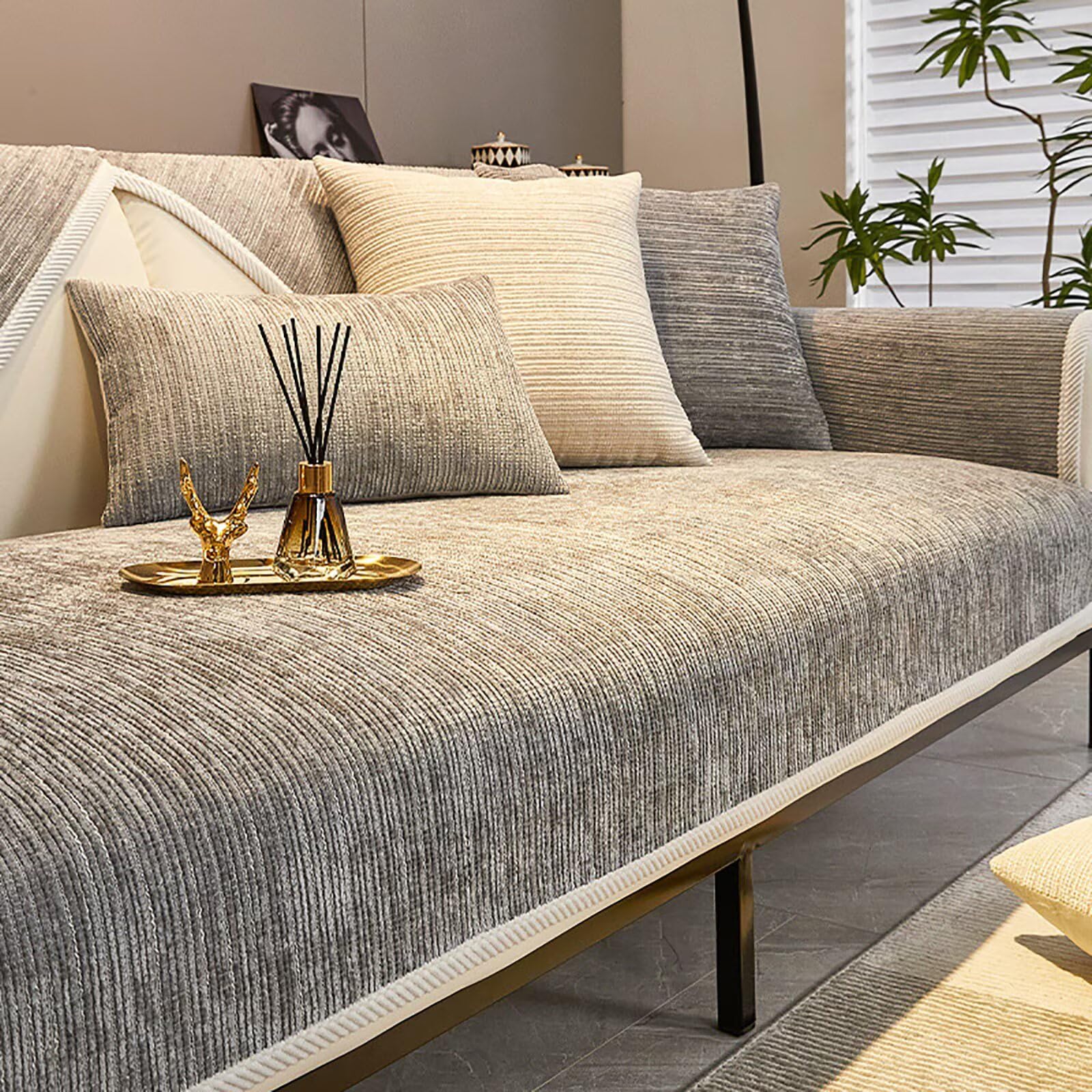Housse de canapé en chenille haut de gamme texture lourde gris clair