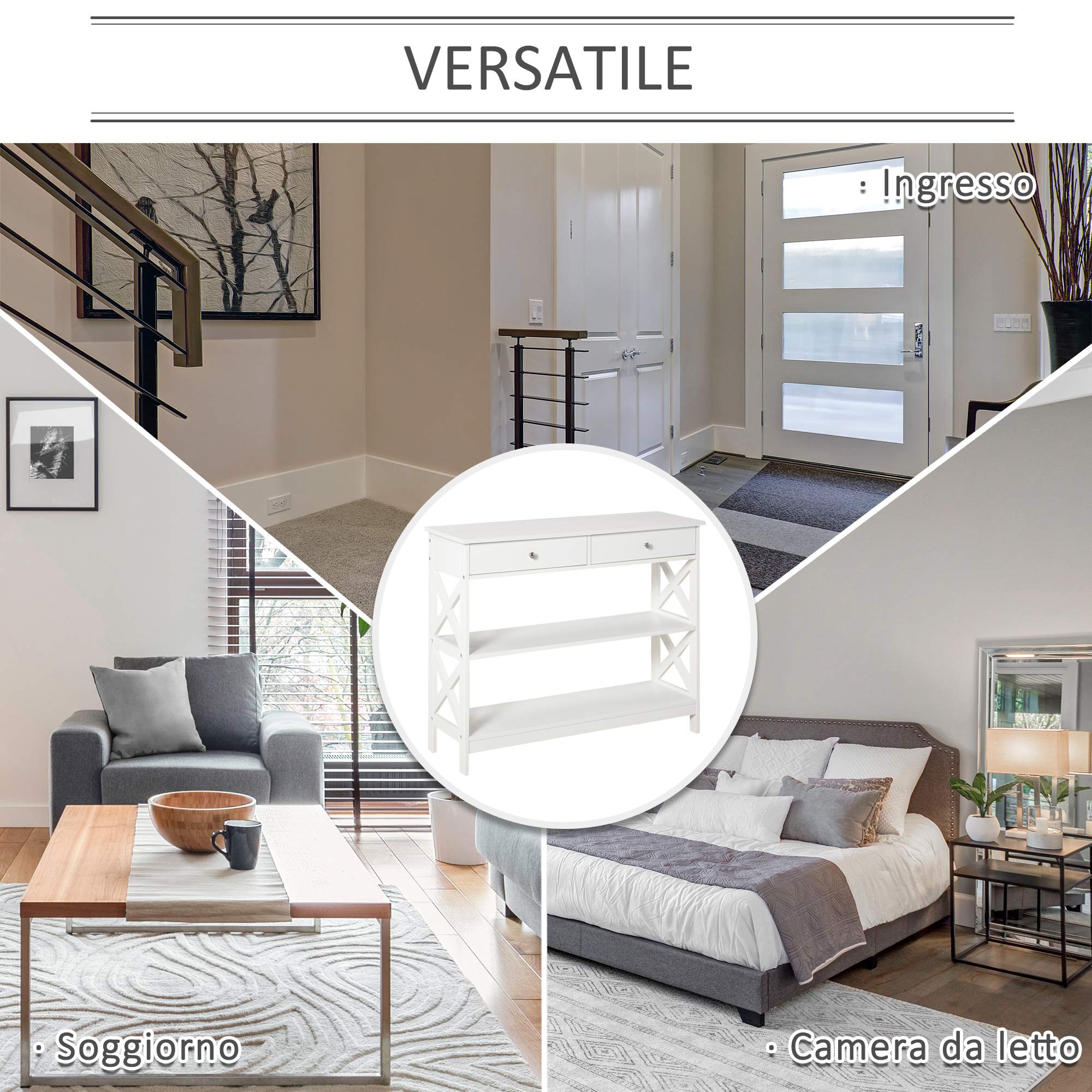 homcom Tavolo Consolle con 2 Cassetti e 2 Mensole, Mobile da Ingresso e Soggiorno in MDF, 100x30.5x80cm, Bianco