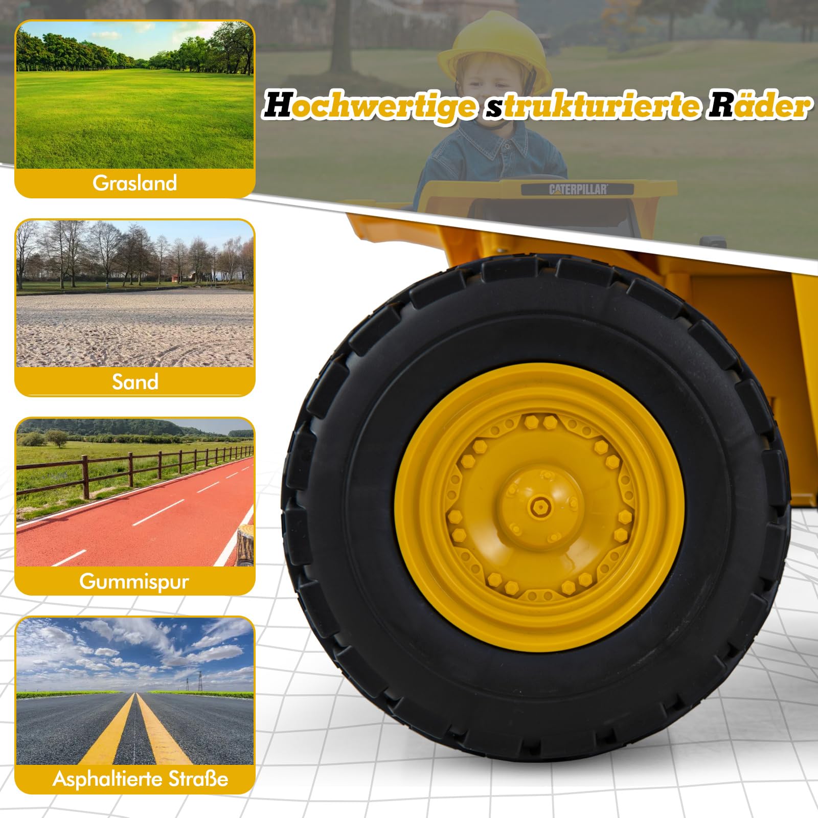 COSTWAY Caterpillar Elektroauto für Kinder, 12V Muldenkipper zum Draufsitzen mit Sandschaufel & Kippbett & Megafon, Elektro Kinderauto mit Fernbedienung, Aufsitz Kipper für Kinder ab 3 Jahren