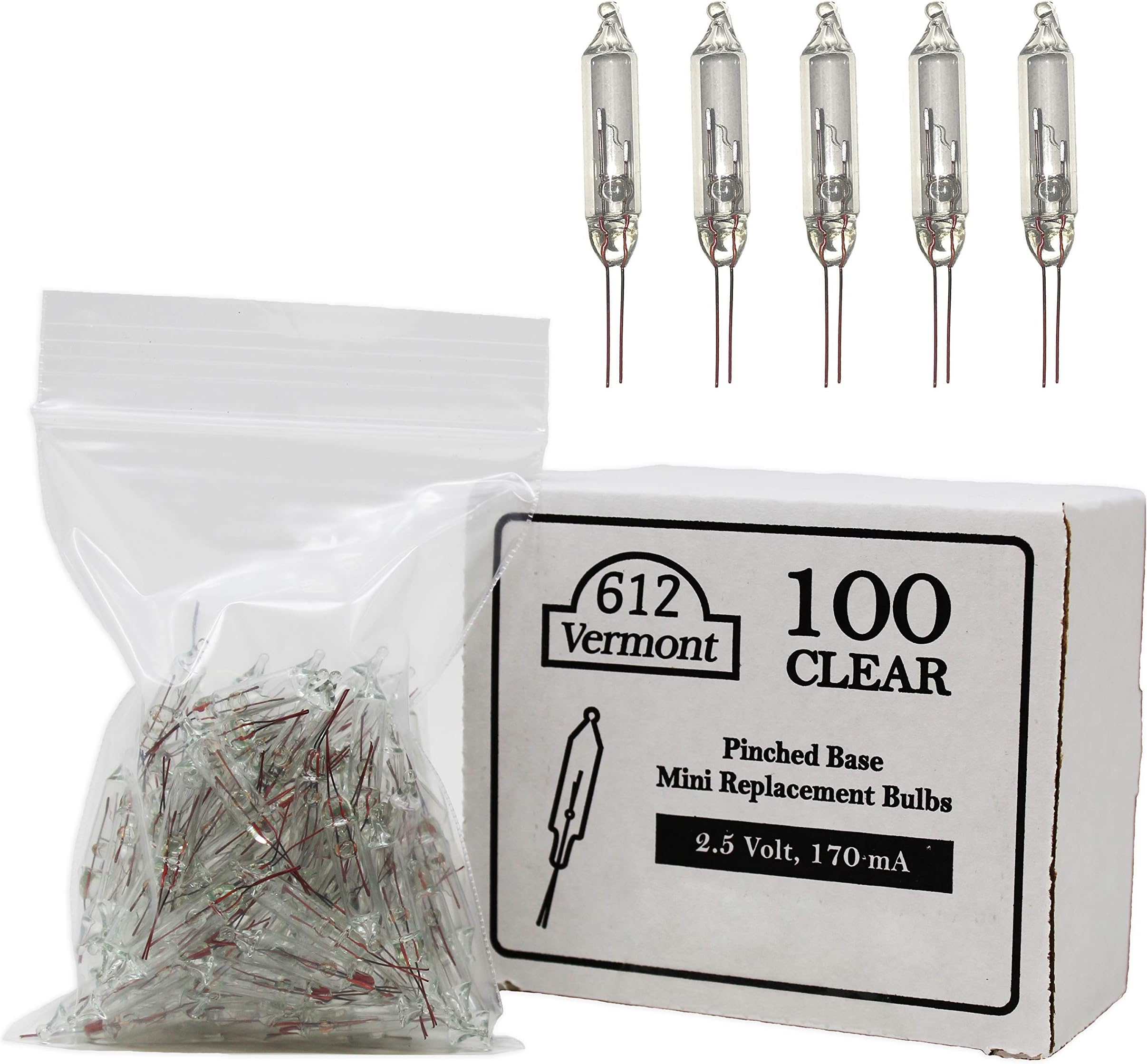 612 Vermont 2.5V Clear Mini Christmas Replacement Bulbs for Christmas Trees and Incandescent String Lights, Pinched Base, 100 Count (0.42 Watt, 170 mA)