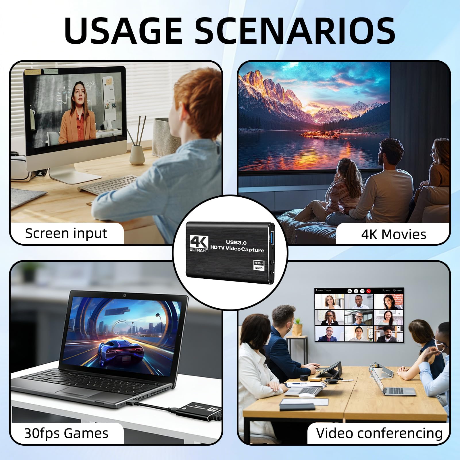 4K HDM Audio Video Capture Card, 1080P 30FPS USB 3.0 Full HD 4K@30Hz Game Streaming Capture Cards Device Compatible with PS5 PS4 Switch Xbox OBS Mac Linux Windows Camera Live Broadcasting Recording — view 7