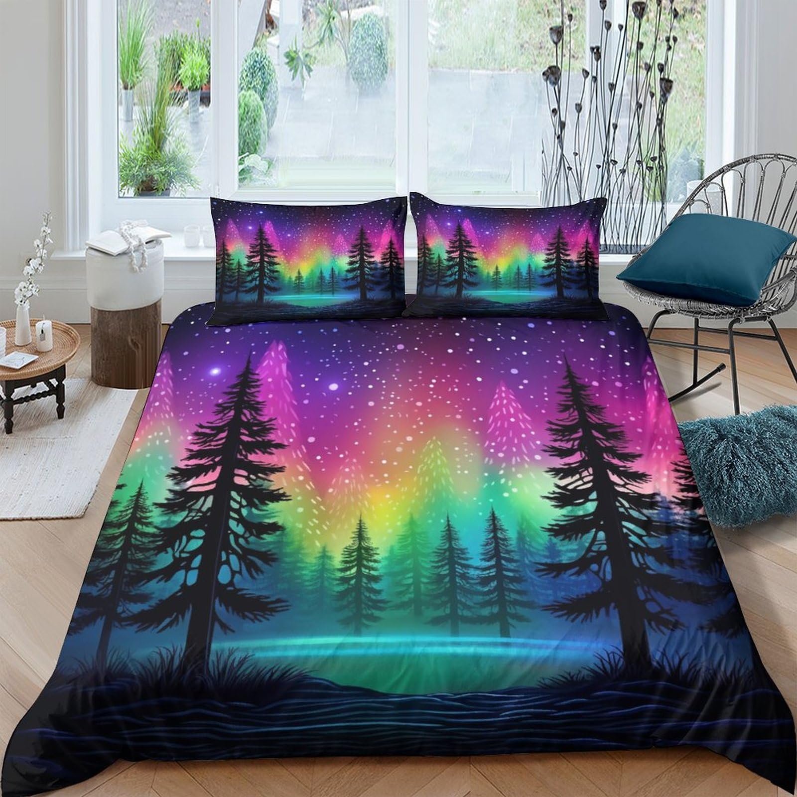 Housse de couette 3D forêt étoilée microfibre 200x200 pour grand lit